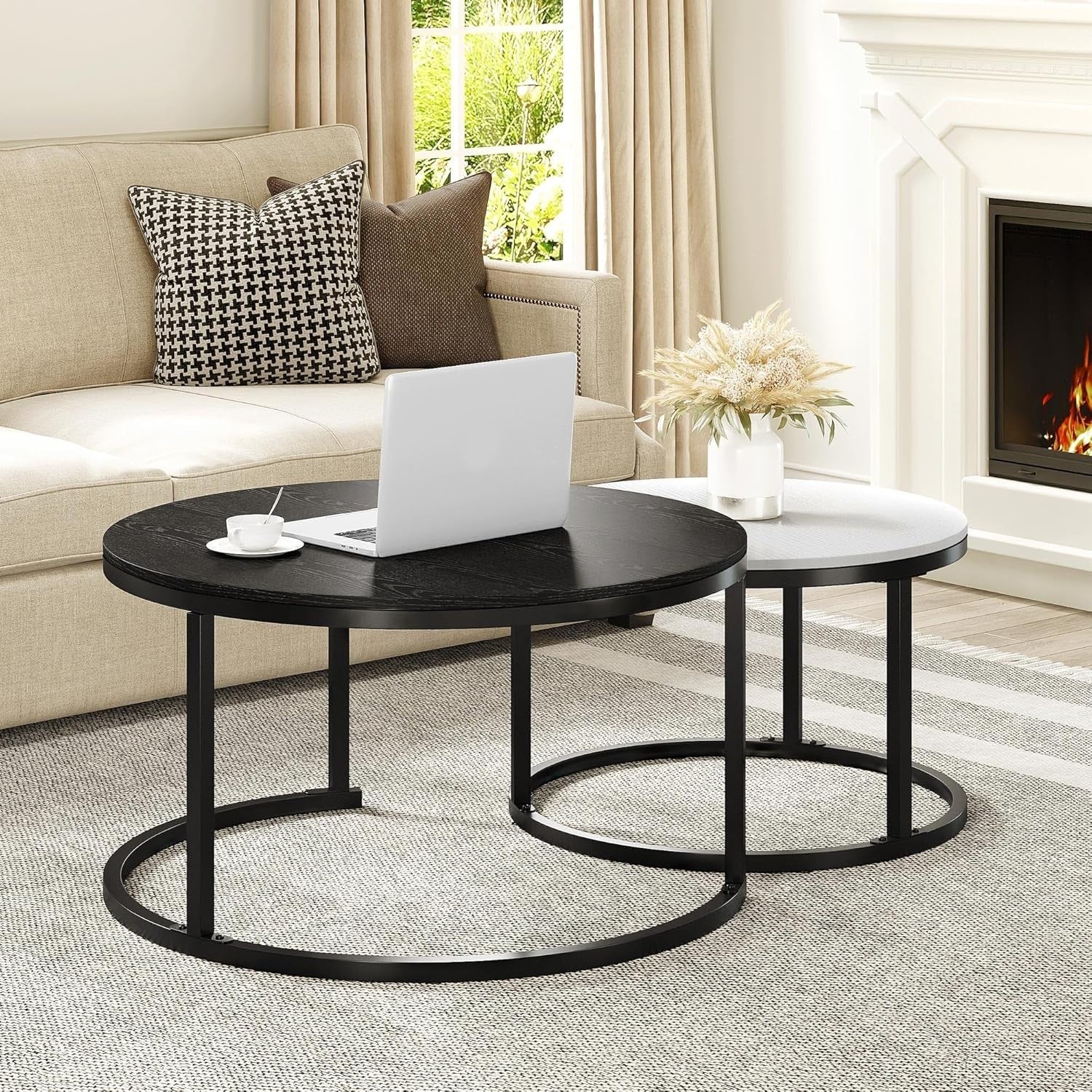 Modern Nesting Coffee Table Set of 2 Round Wood Accent Tables with Metal Frame