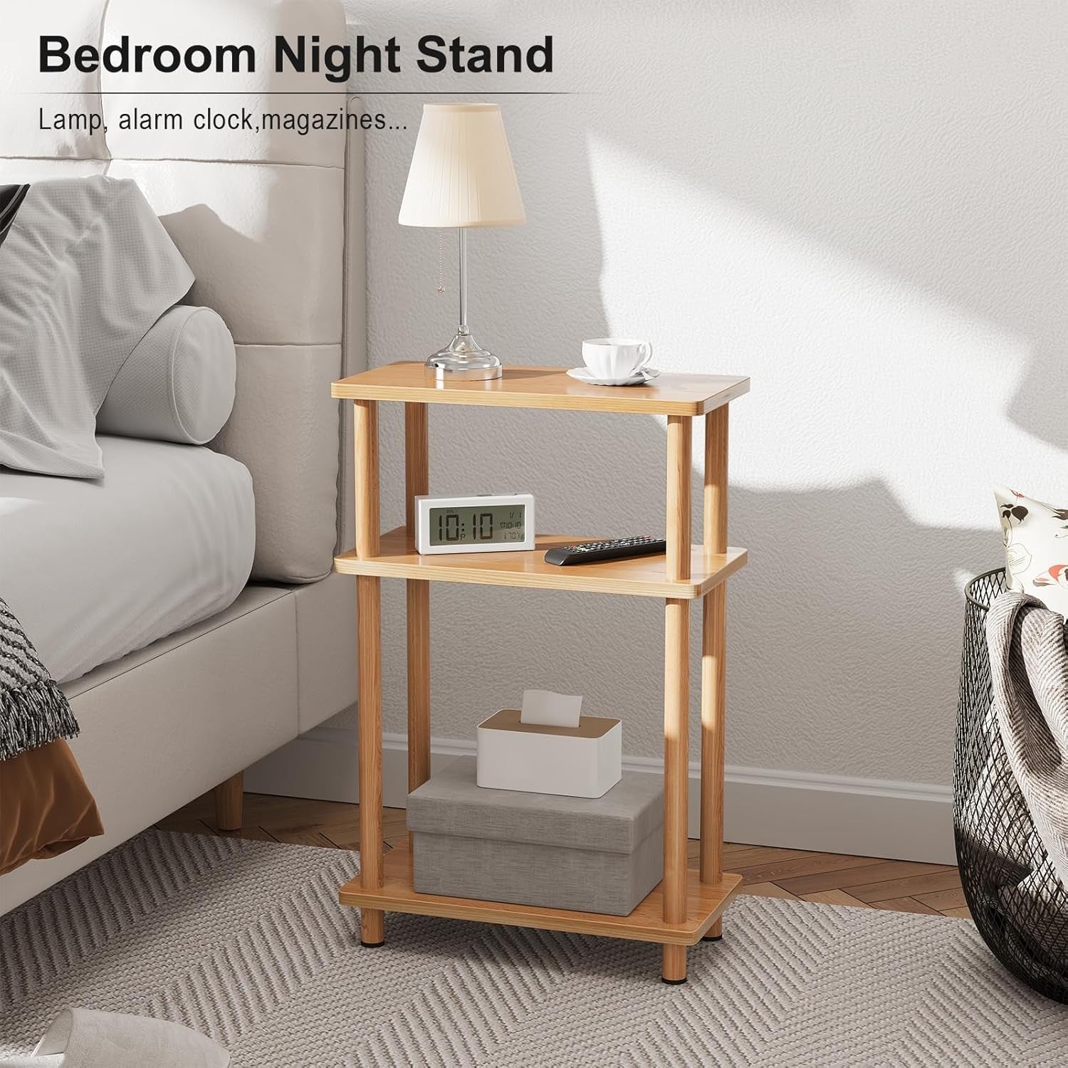 Slim 3-Tier Side Table, Space-Saving Narrow End Table for Living Room, Oak