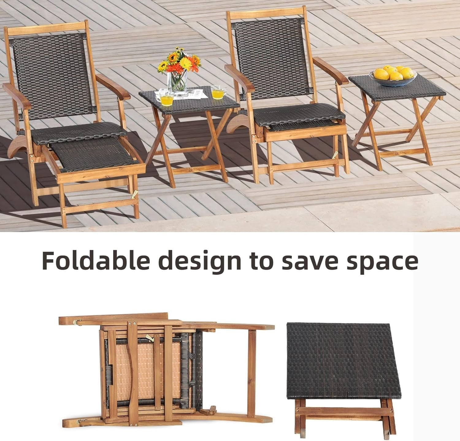 Outdoor Rattan Sun Lounger Recliner with Retractable Ottoman & Side Table