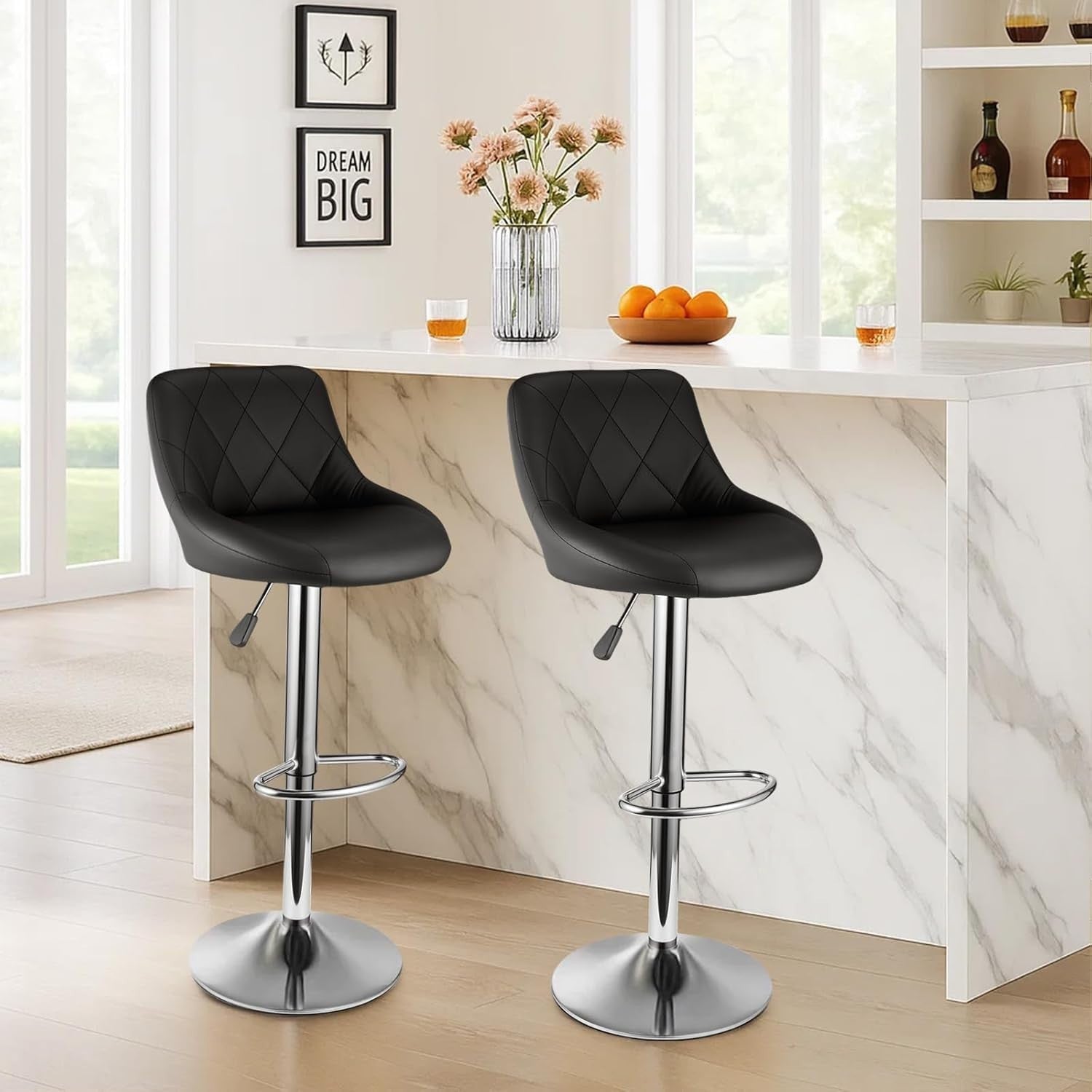 3 Black Bar Stools Faux Leather Swivel Height Adjustable Kitchen Chairs