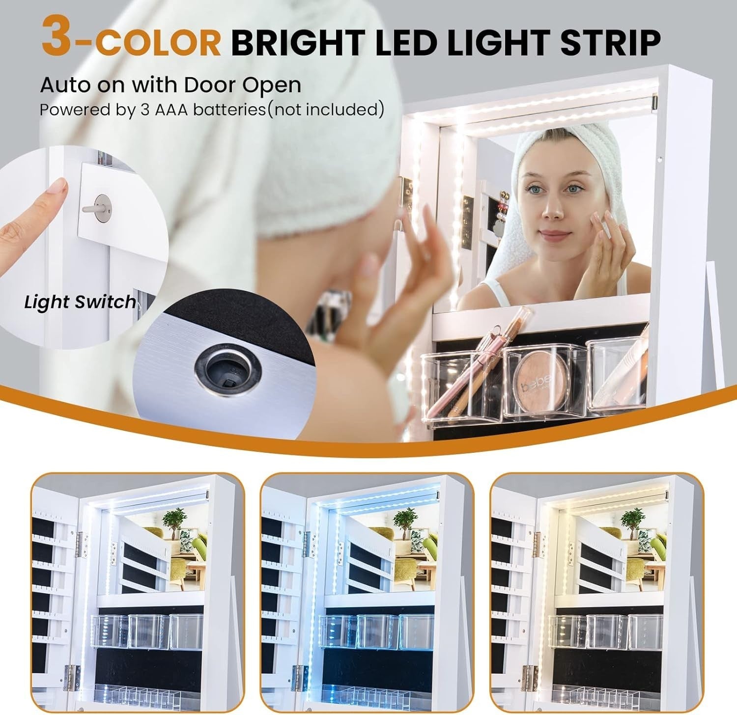 White 360° Swivel LED Jewelry Cabinet Mirror Lockable 3-in-1 Storage