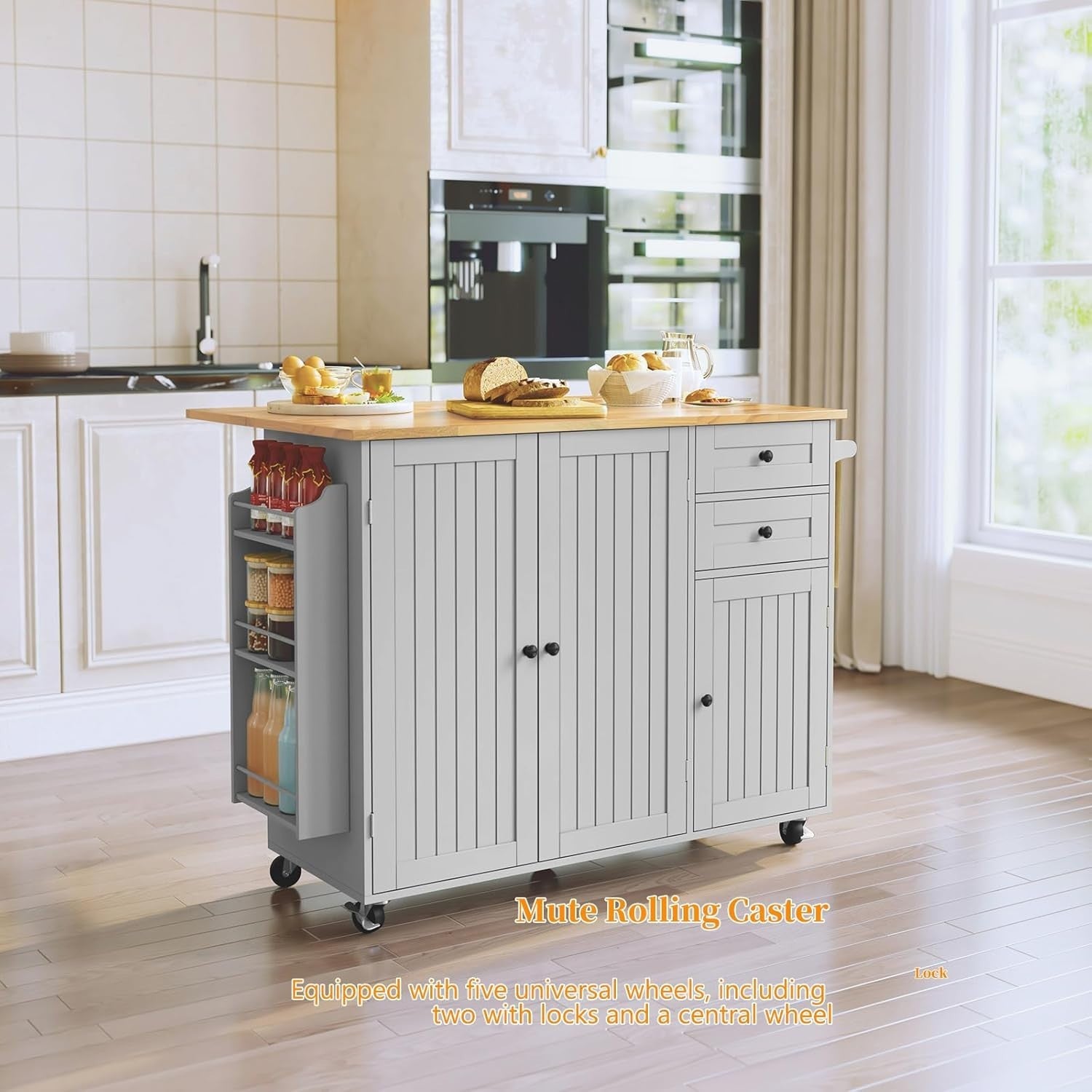 Grey Kitchen Island on Wheels Drop Leaf Cart