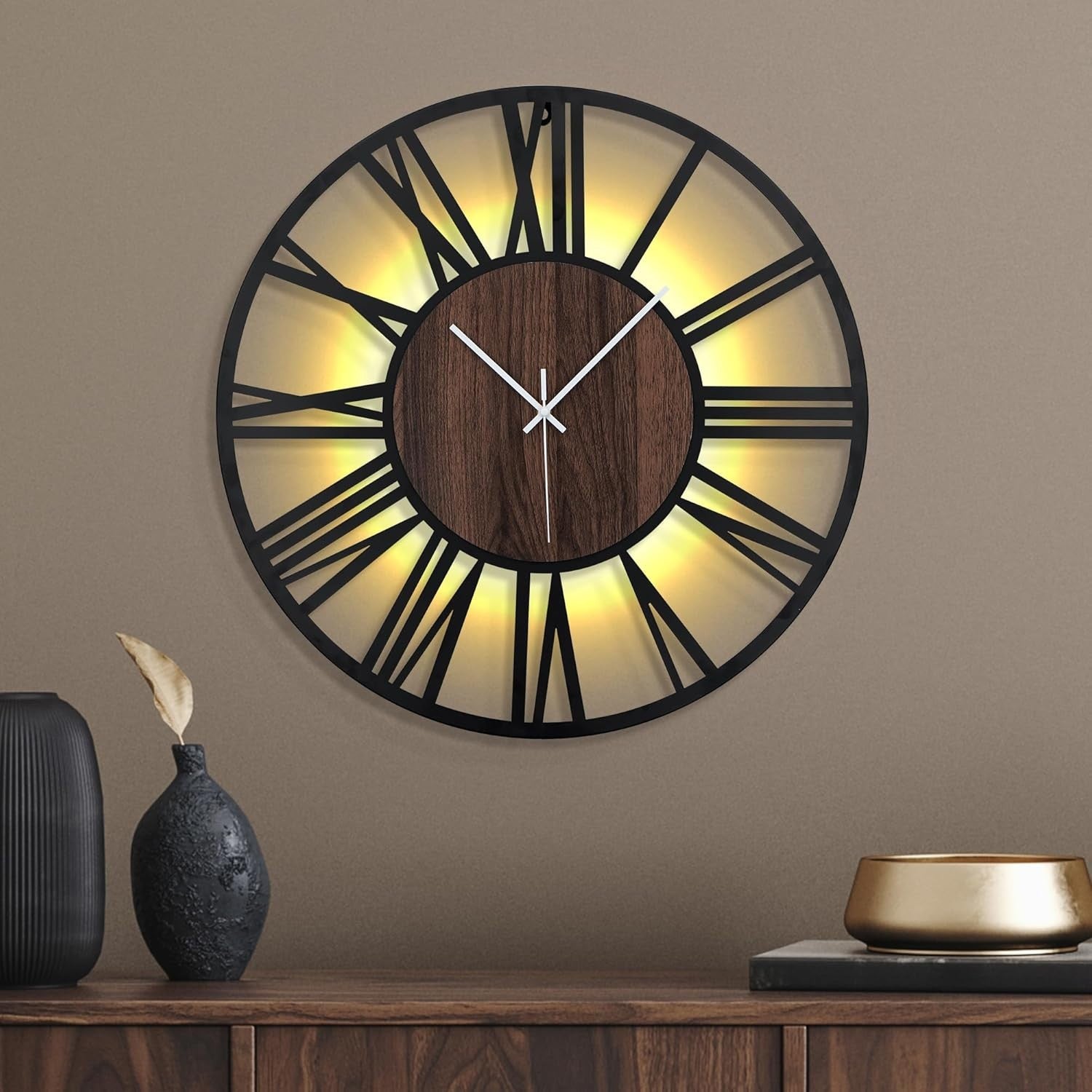60cm Silent Wall Clock Light-Up Roman Numerals Night Sensor Decor