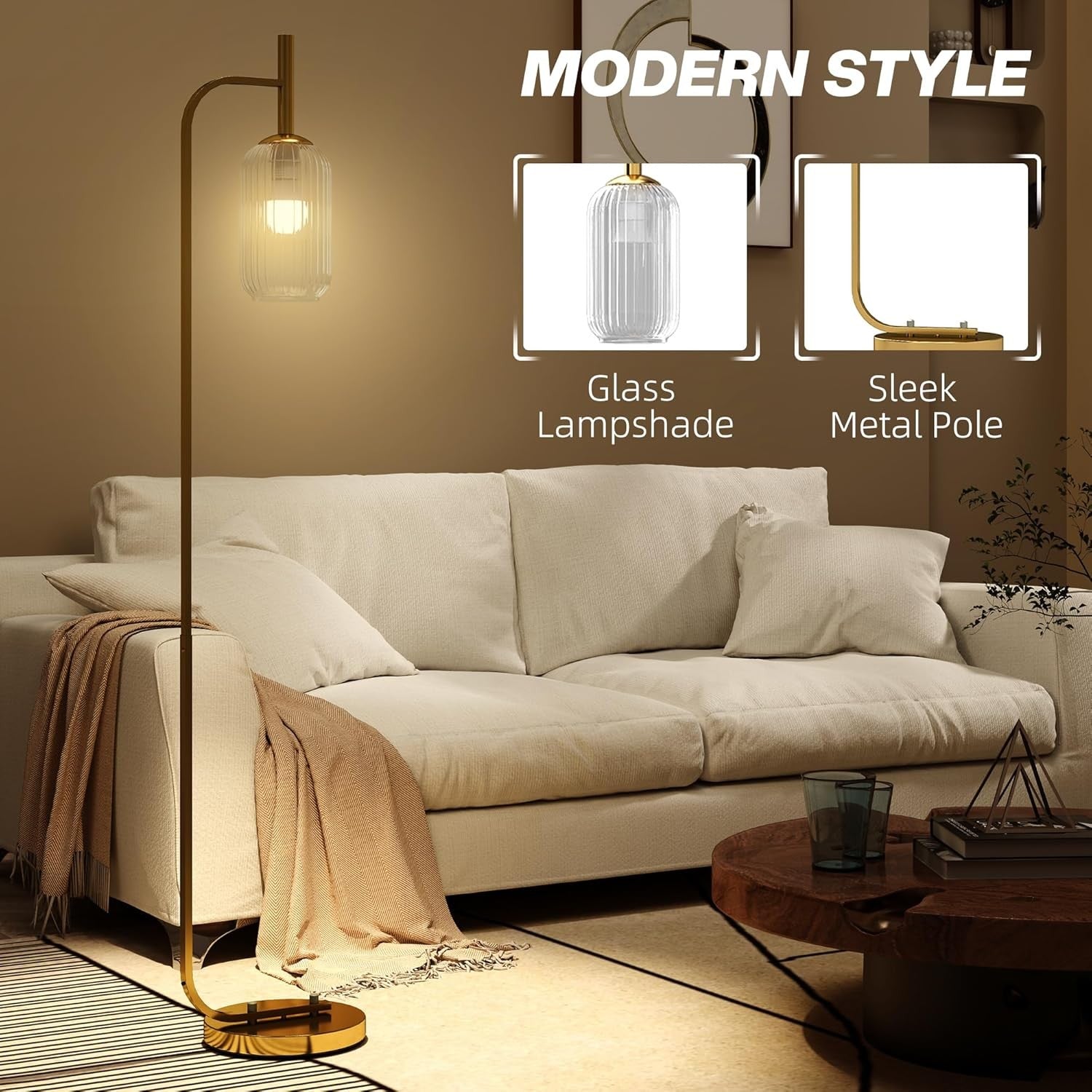 Gold Floor Lamp Glass Shade Standing Light Foot Switch Living Room Bedroom
