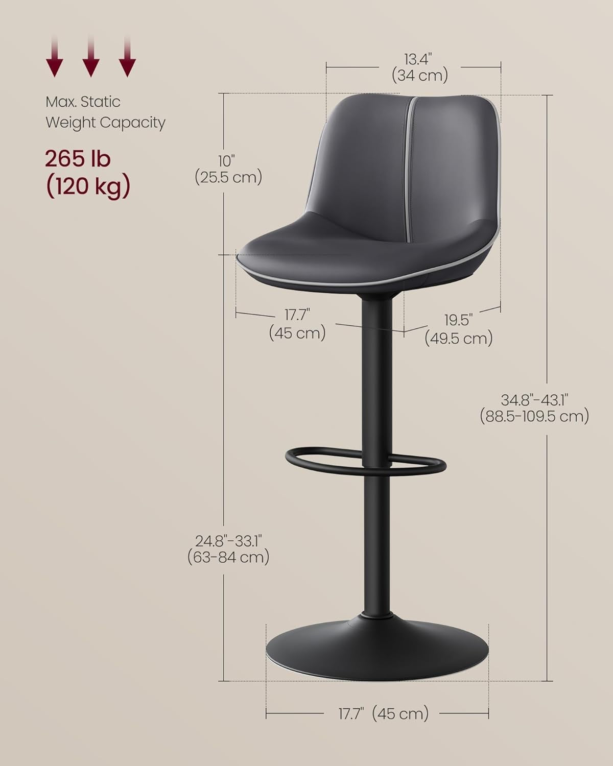 Set of 2 Adjustable Swivel Bar Stools – Ink Black L-Shape