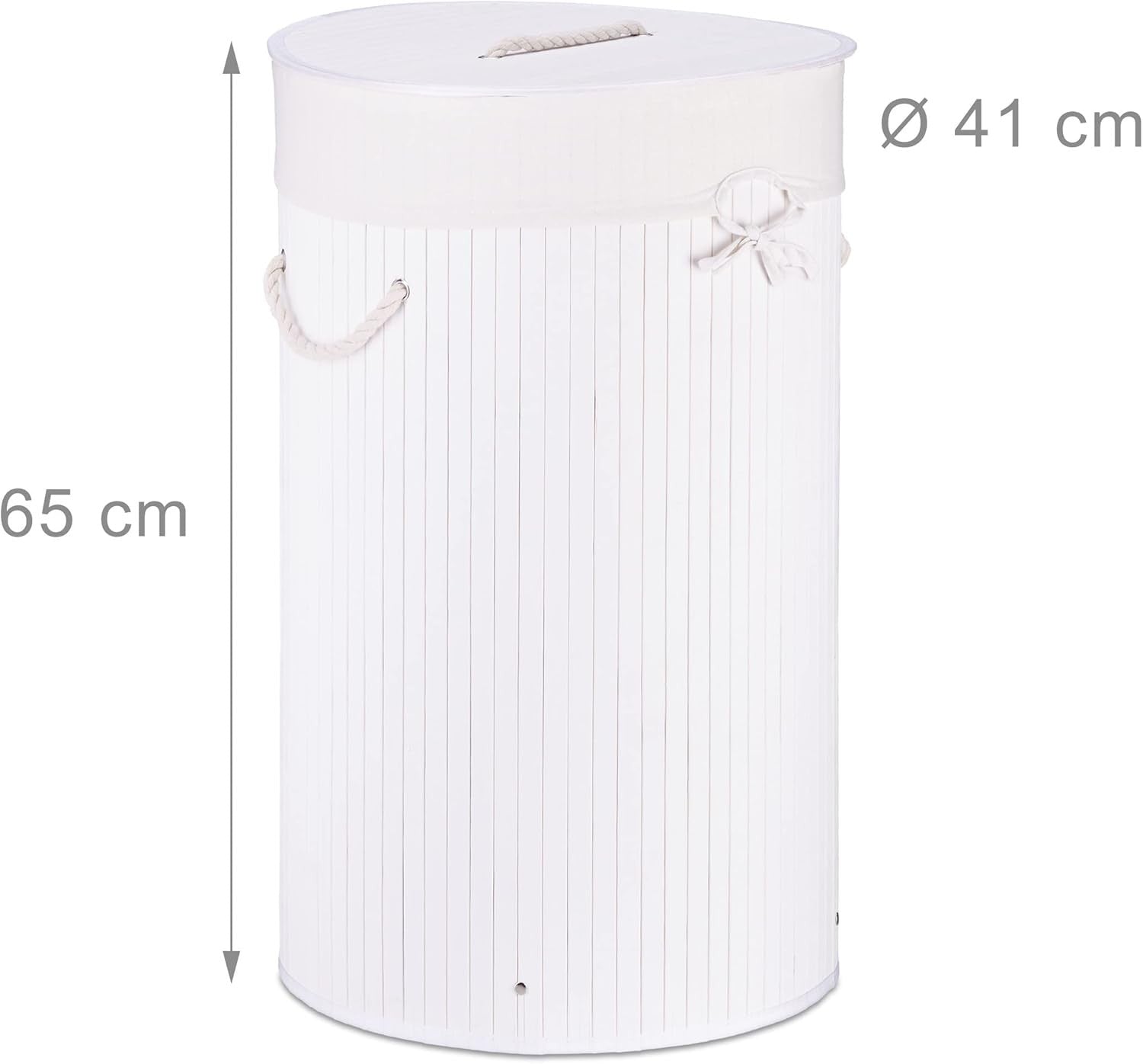 White Round Bamboo Laundry Basket 80L with Lid & Cotton Liner Foldable 65×41cm