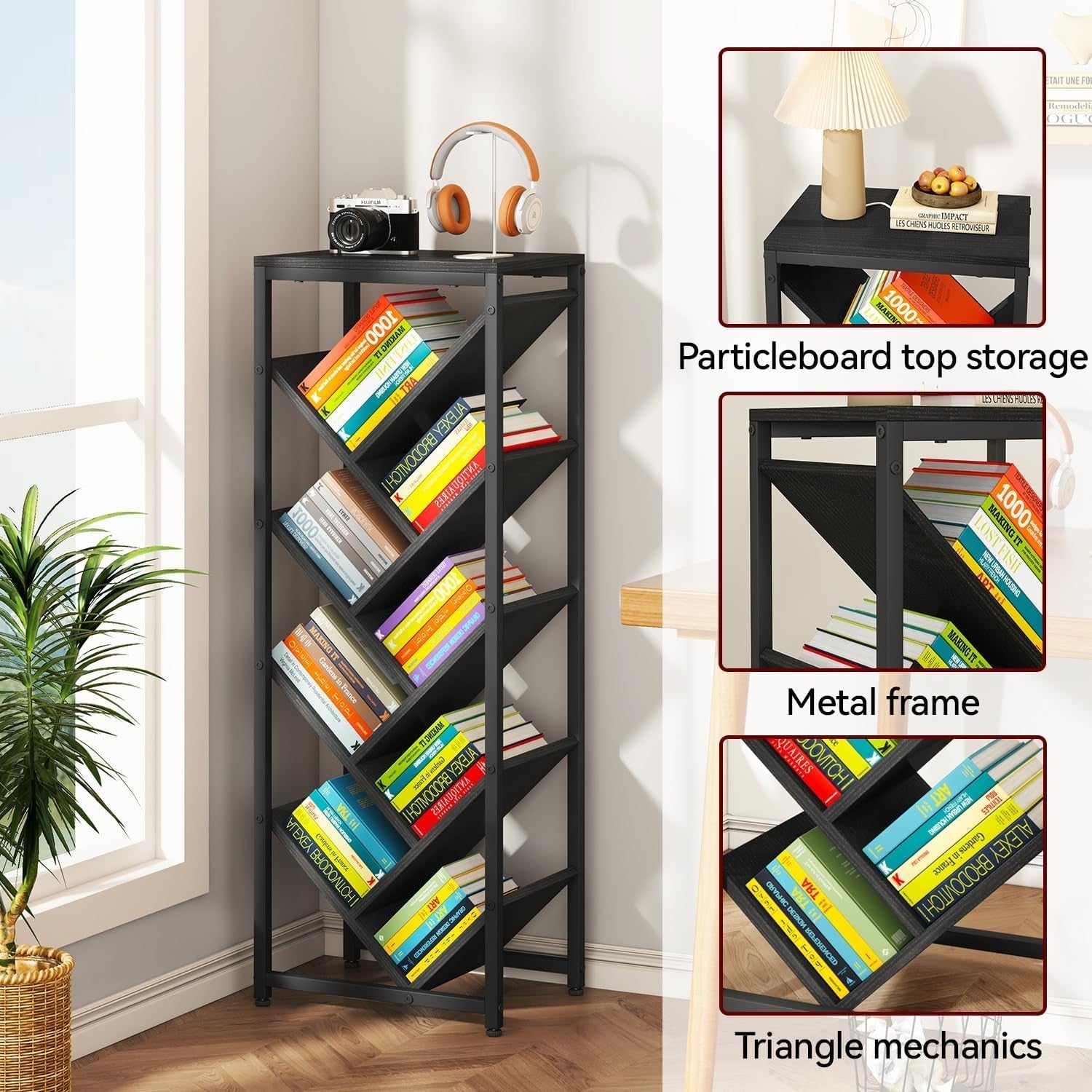 9-Tier Tree Bookshelf Black Wooden Floor Standing Corner Shelf Storage