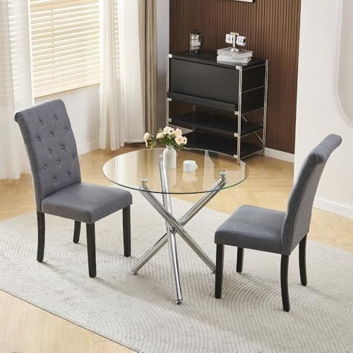 Round Glass Dining Table Set with 2 Grey Fabric Chairs Modern Small Space