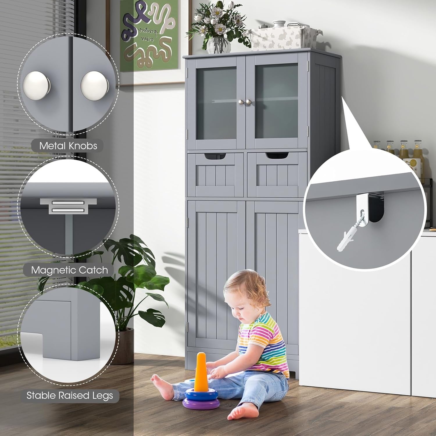 Grey Freestanding Storage Cabinet with Glass Doors & Drawers Shelves