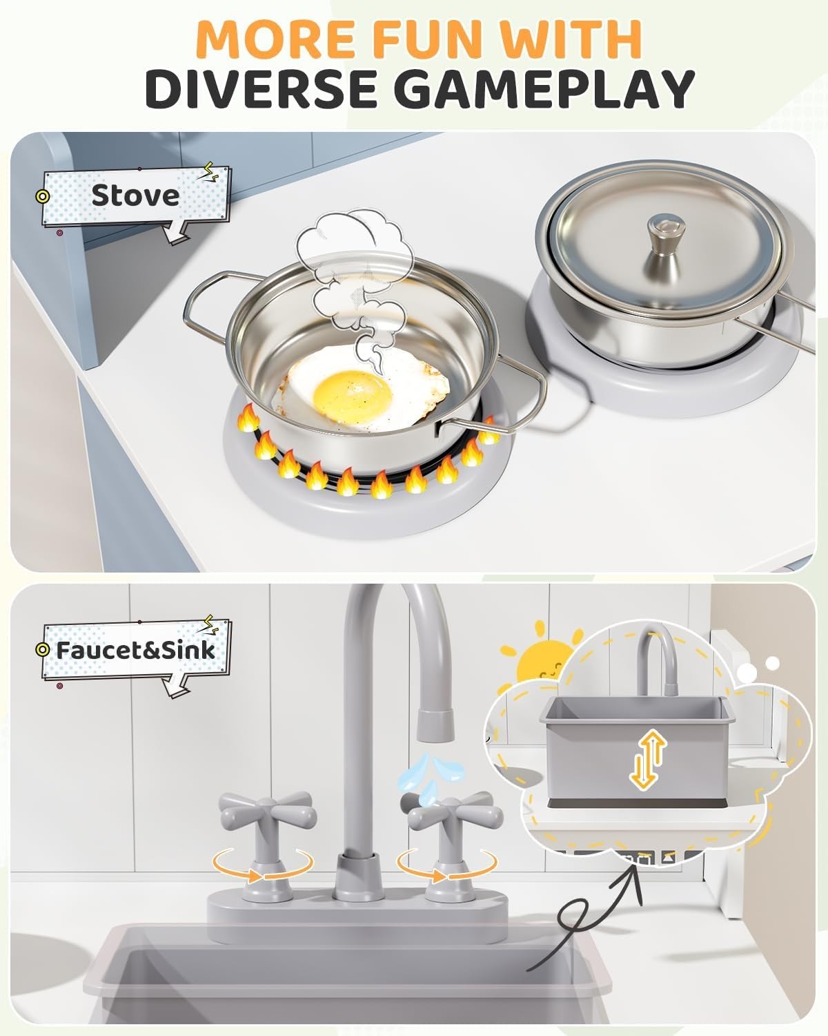 Wooden Kids Play Kitchen Blue Cooker Sink Toy Set w Storage & Clock