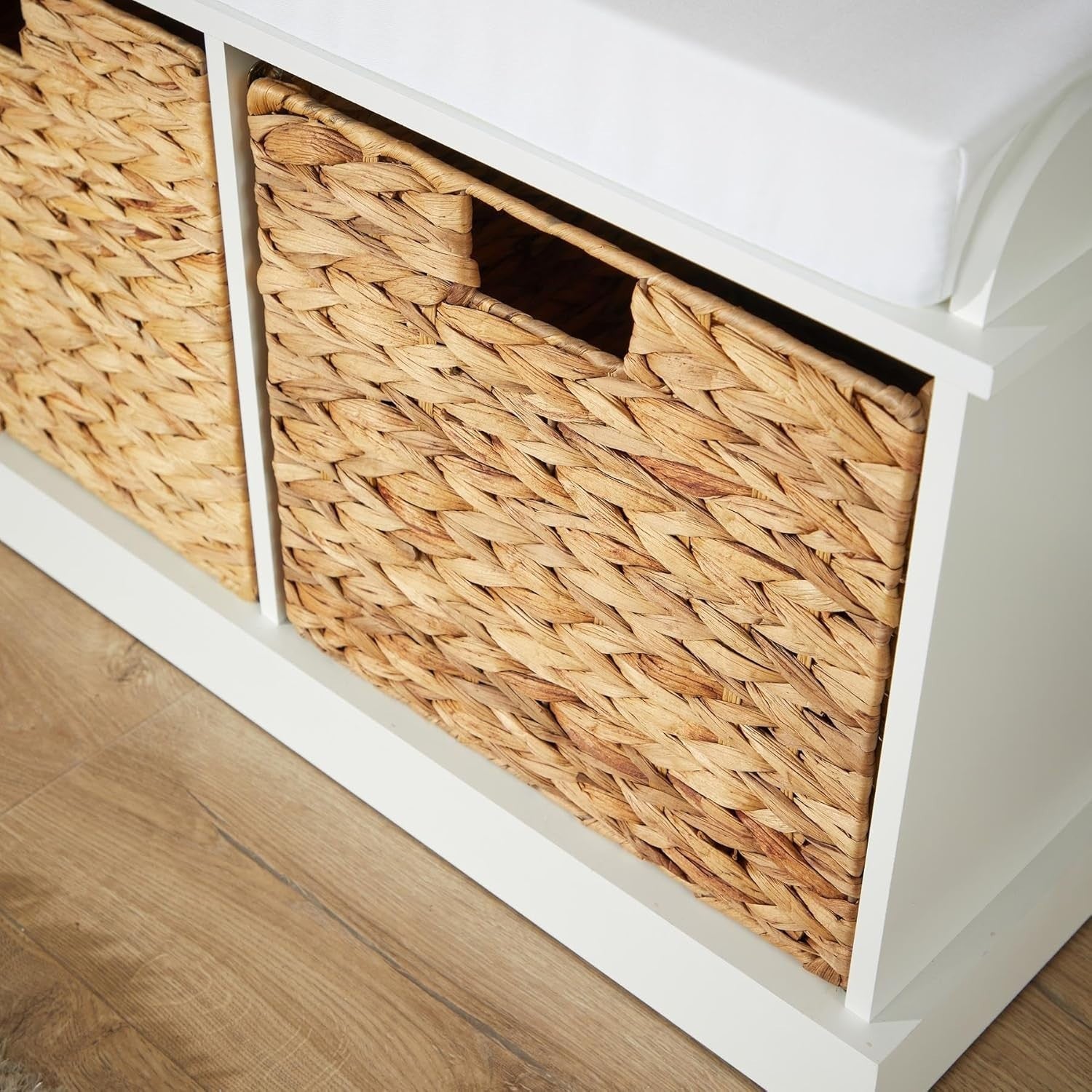 White Shoe Bench with Cushion & 2 Basket Drawers Hallway Storage 75x40x46cm