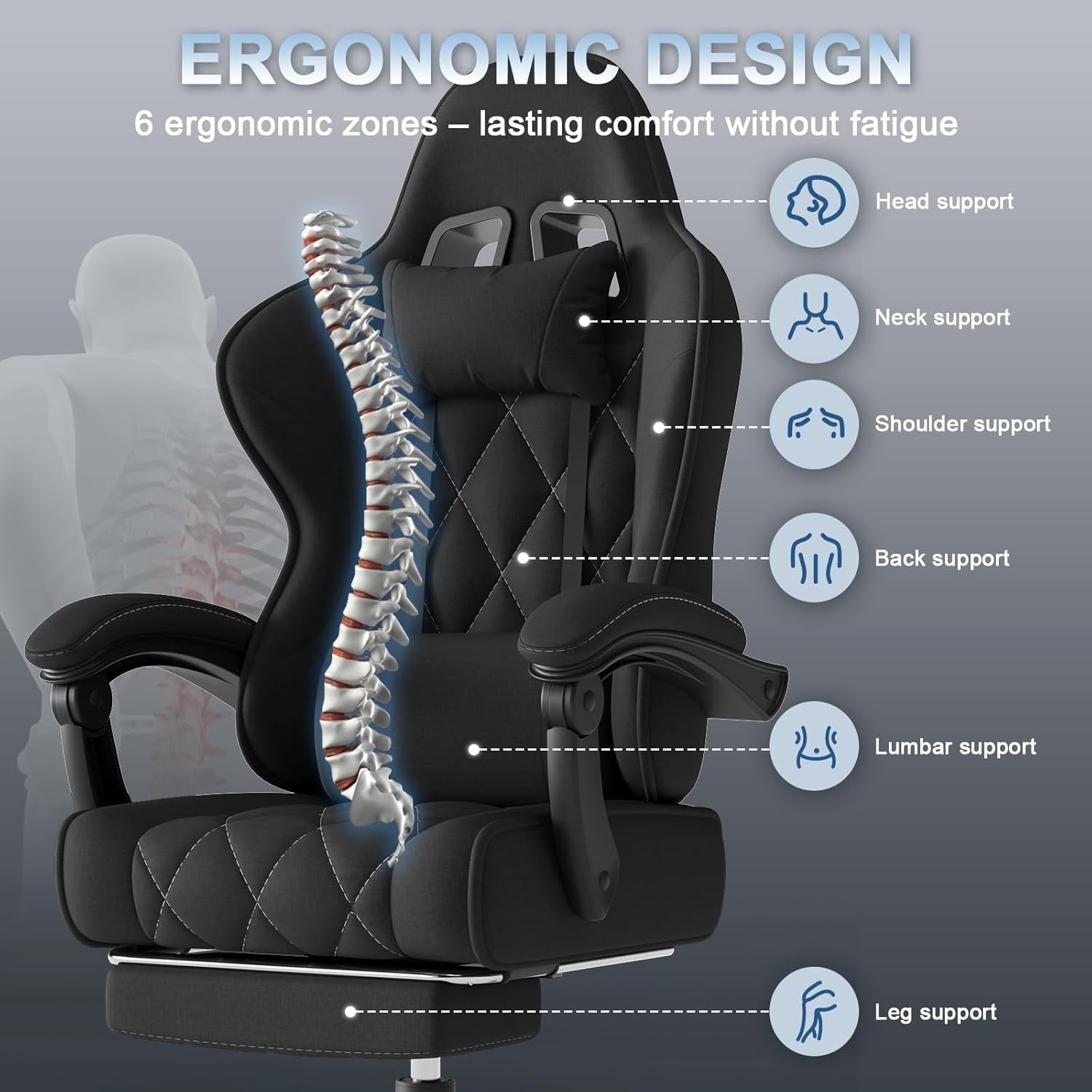 Ergonomic Fabric Gaming Chair Recliner w/ Footrest & Massage