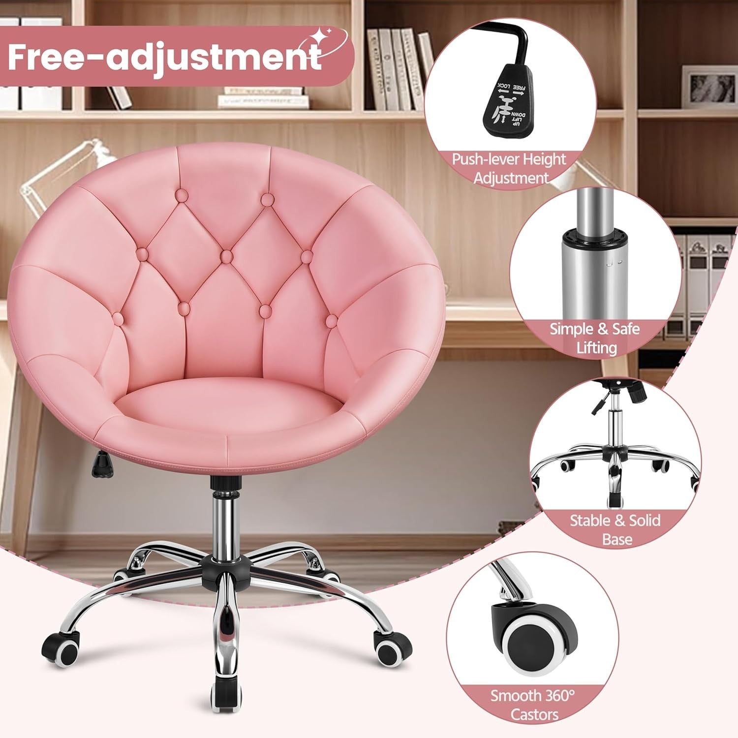 Pink PU Leather Swivel Barrel Chair Adjustable Modern Vanity Office Accent Seat