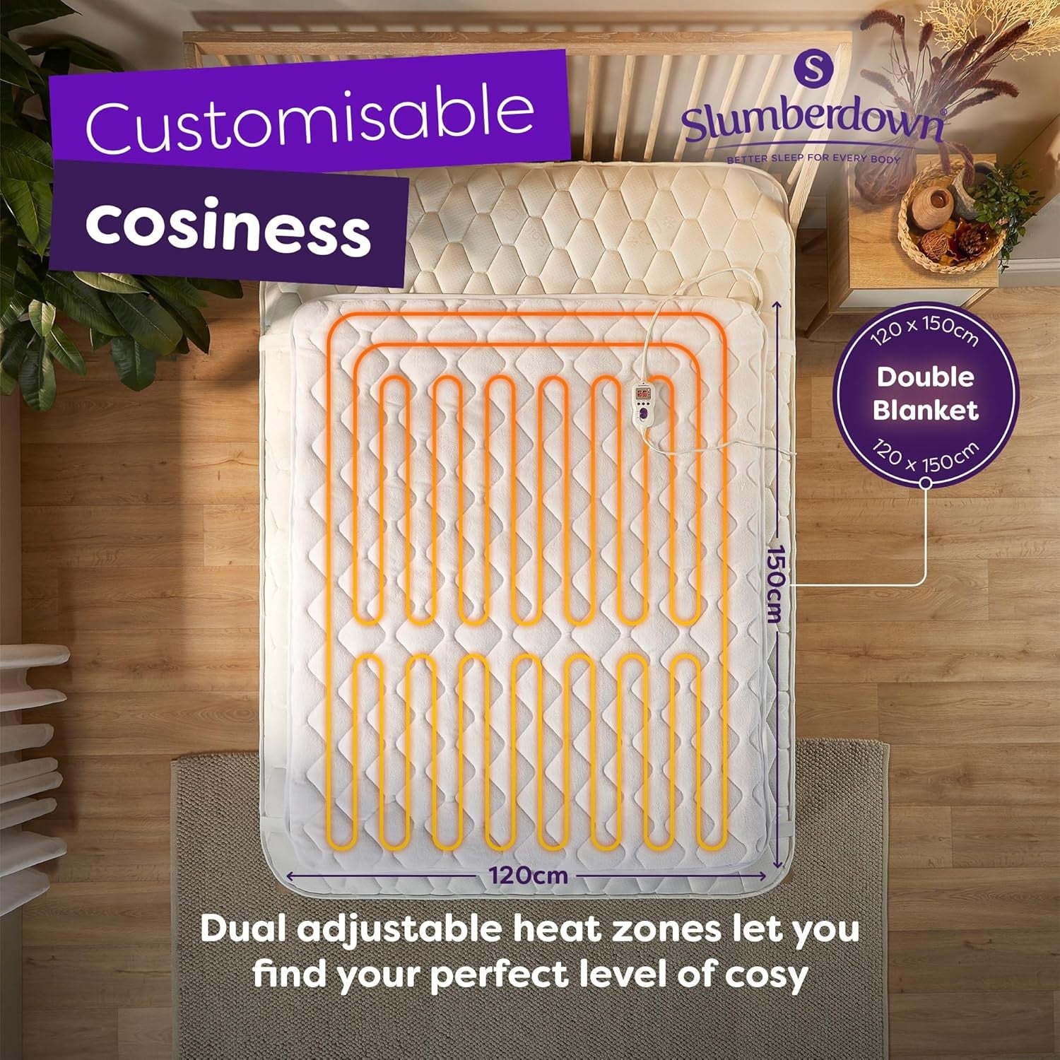 Double Electric Underblanket Multi Zone 9 Heat Settings Washable 150x120cm