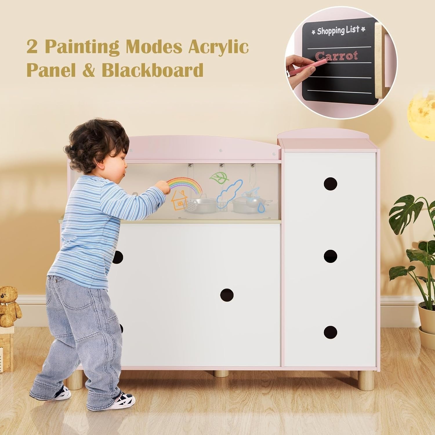 Wooden Kids Play Kitchen Pink Ice Maker Dishwasher Toy Set
