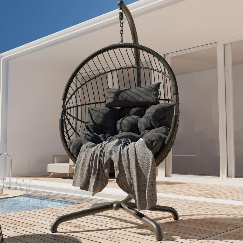 Hanging Egg Chair Garden Swing Seat Rattan Black with Cushion & Steel Frame