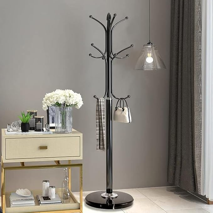 Black Metal Coat Rack Stand with Marble Base 12 Hooks Hall Tree for Entryway