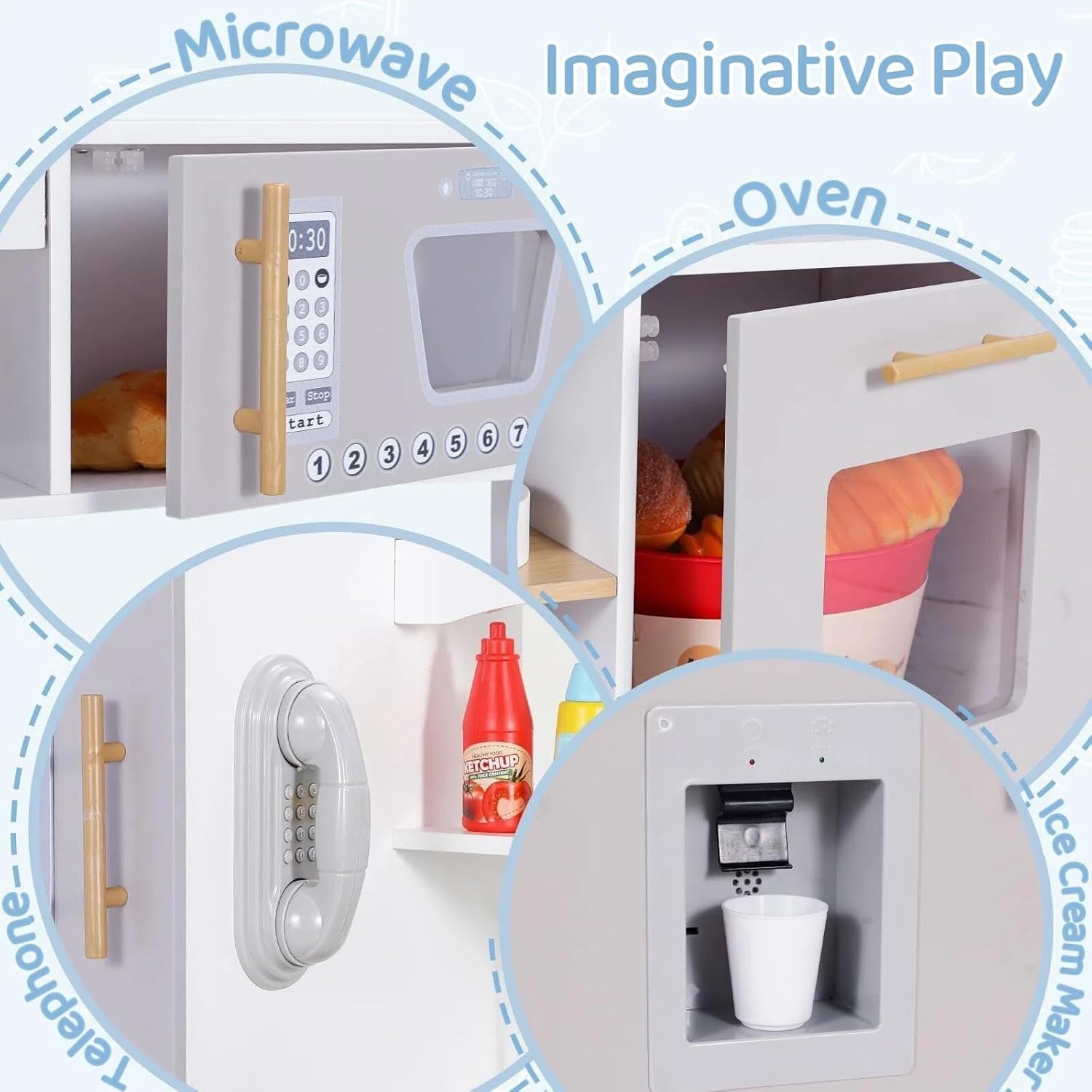 Kids Wooden Play Kitchen w/ Lights Sounds Ice Cream Maker Grey