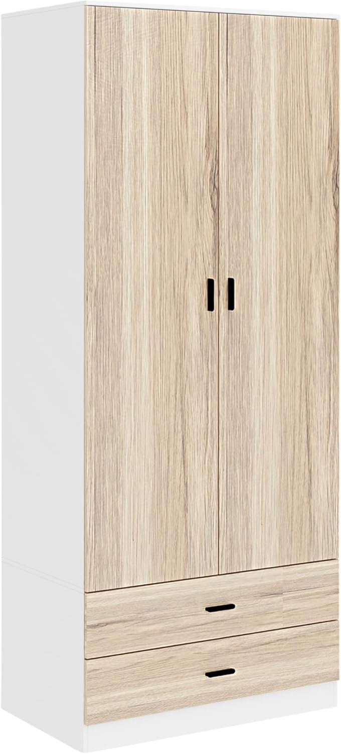 2 Door Wardrobe Oak Drawers Storage Unit With Rail for Bedroom Clothes