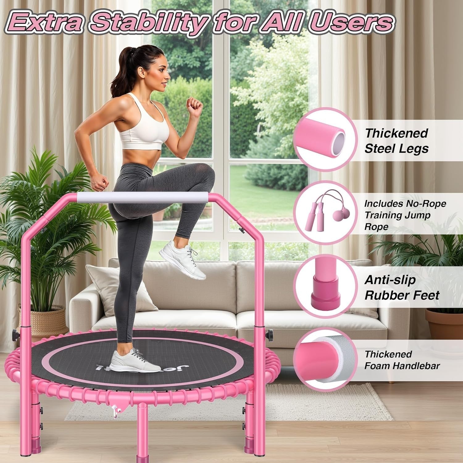 40in Foldable Fitness Trampoline Rebounder Adjustable Handle 450LBS