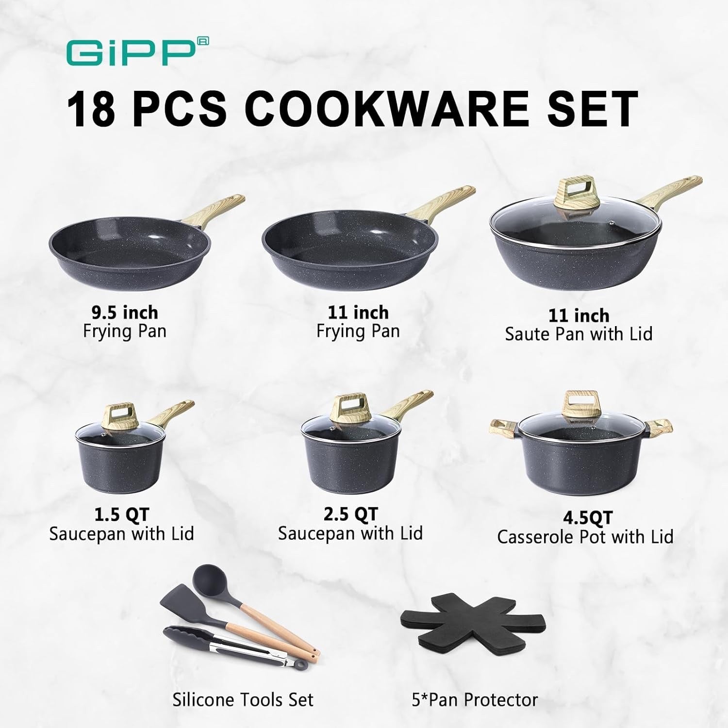 18Pcs Grey Ceramic Non-Stick Cookware Set with Glass Lids & Utensils, PFAS-Free