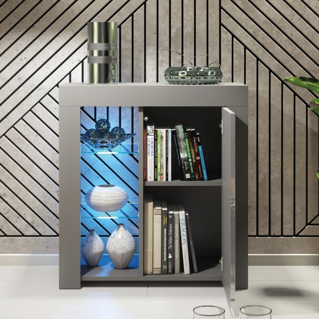 Modern Grey LED Sideboard Cabinet Gloss Door Storage Unit Floor Mount 83cm