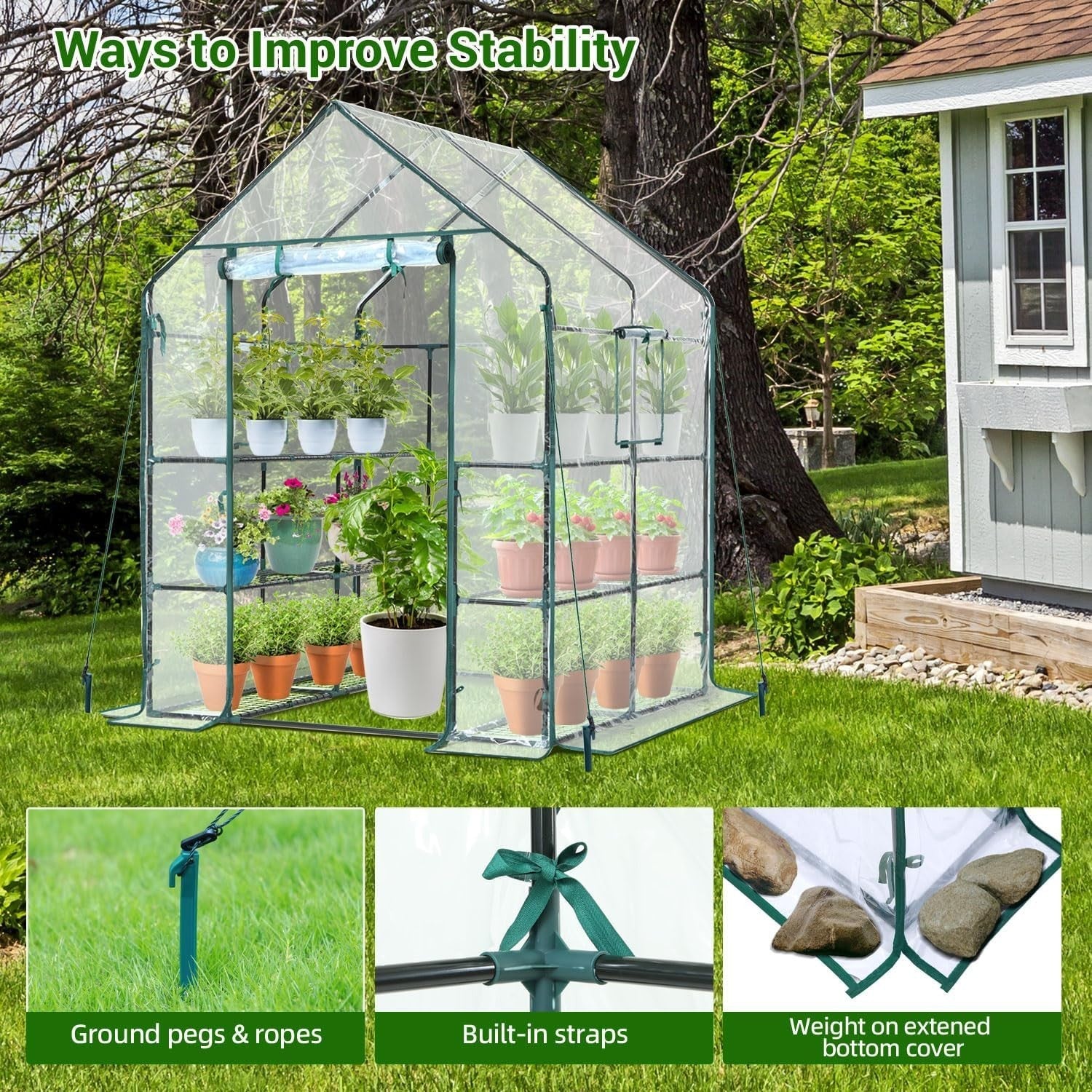 Walk-In 3 Tier 12 Shelf Greenhouse | Clear PVC Cover Heavy-Duty Garden Growhouse