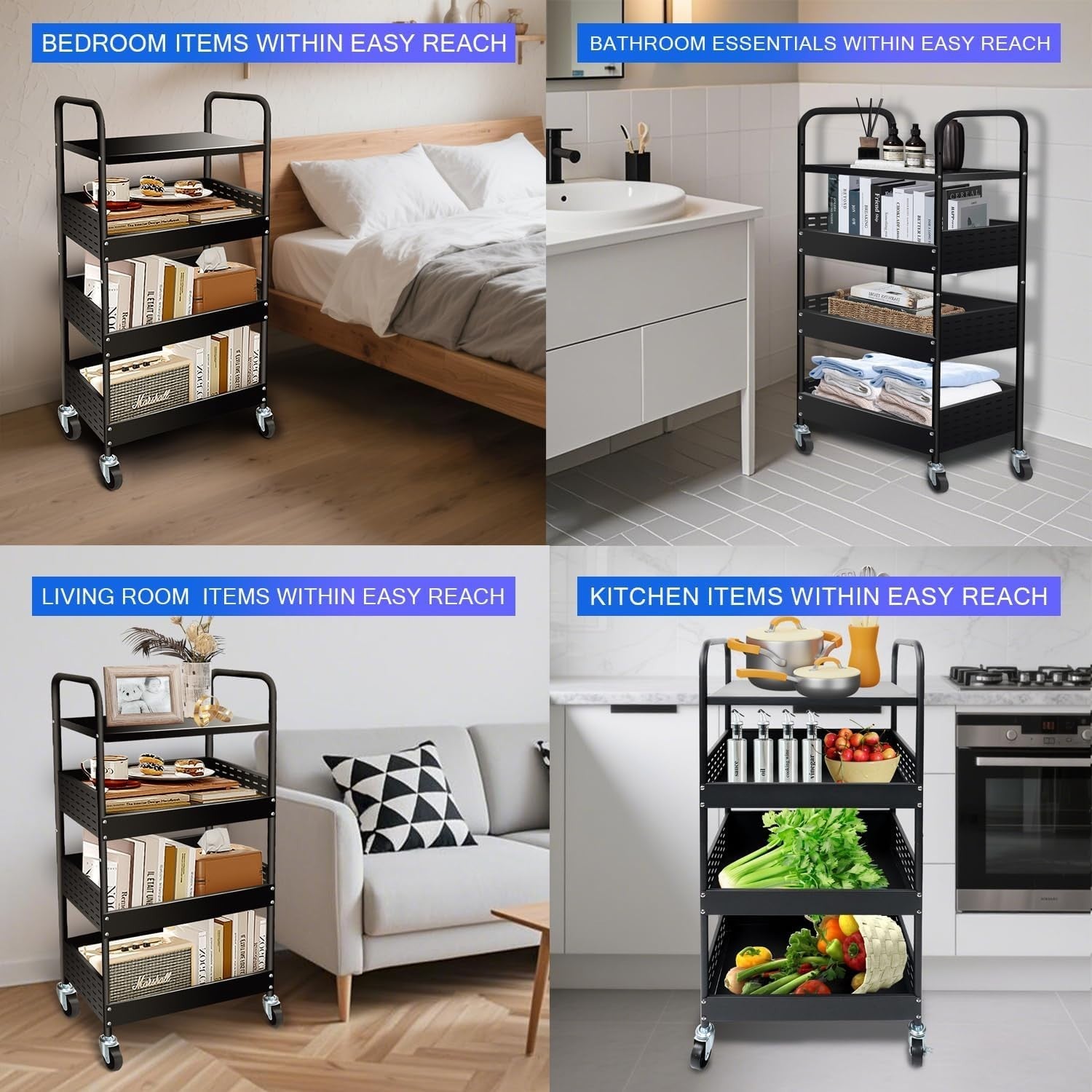 4 Tier Rolling Utility Cart Heavy Duty Metal Storage Organizer Black