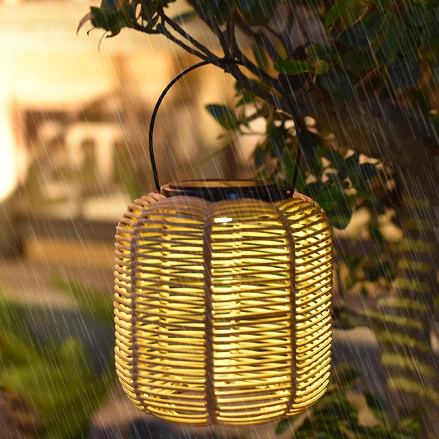 Japanese Hanging Solar Lantern – Rattan Outdoor Garden Light (Size C)
