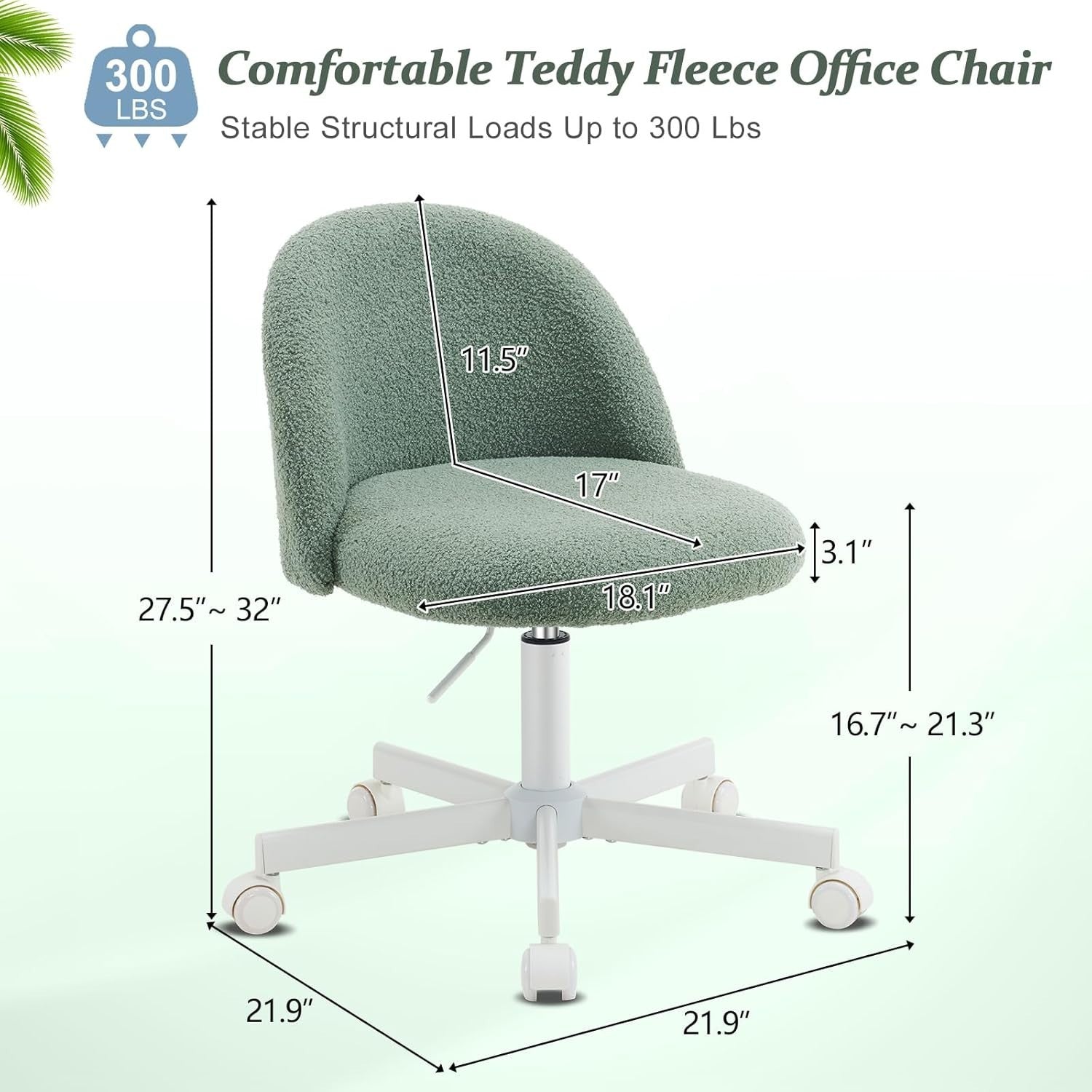 Green Teddy Fleece Swivel Desk Chair Small Adjustable Height Vanity Seat