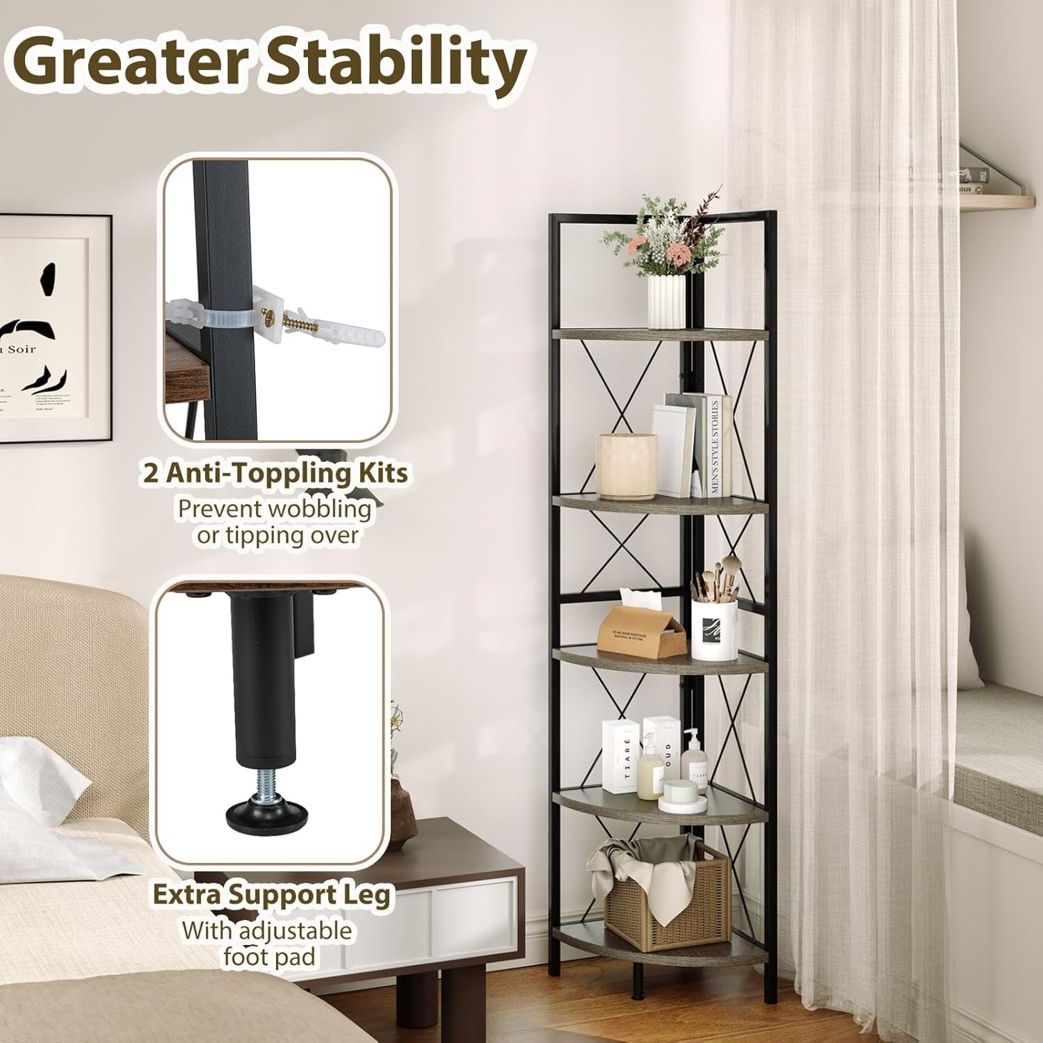 5-Tier Corner Ladder Shelf Rustic Brown | Space-Saving Display & Storage Unit