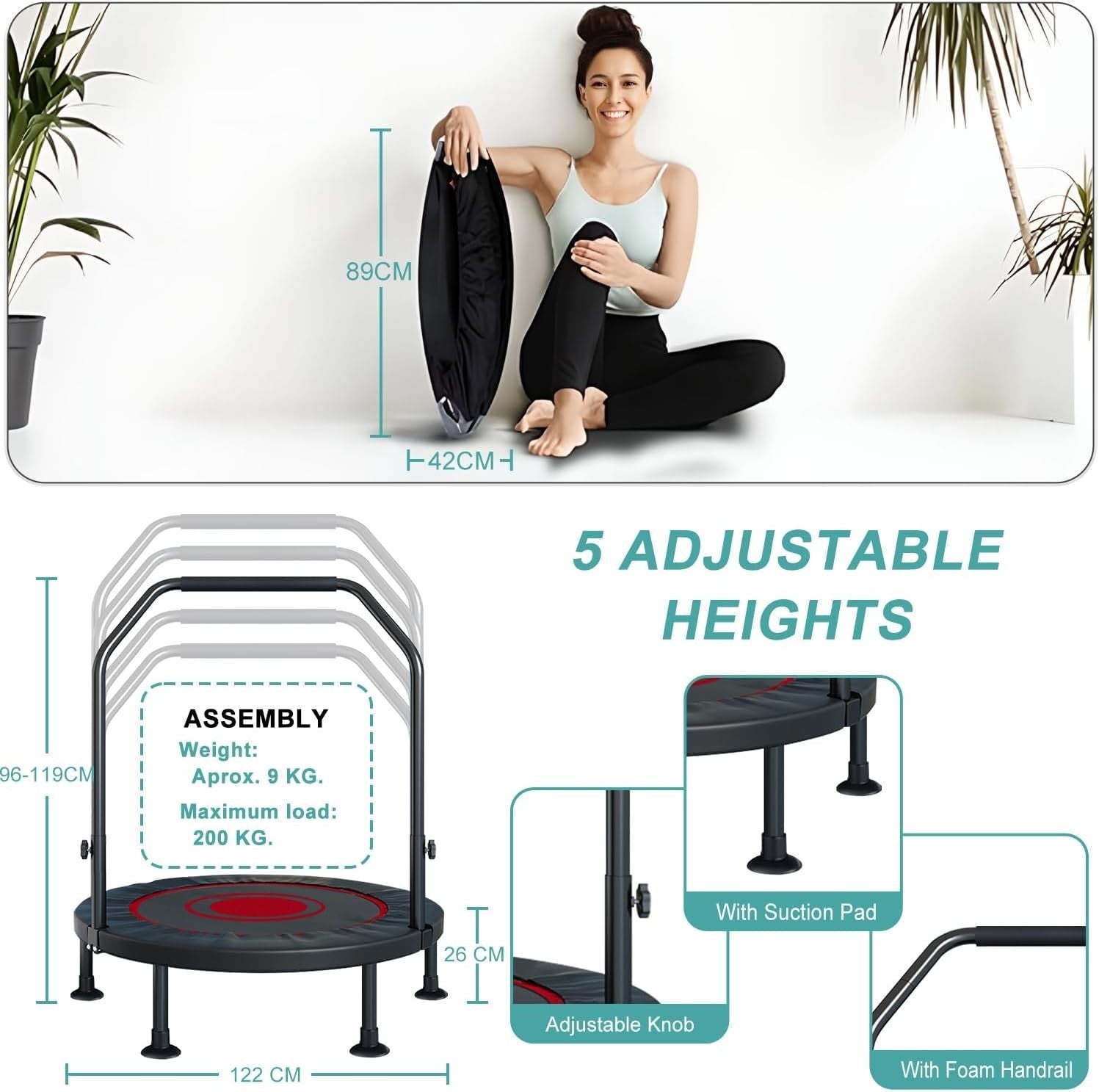 40in Foldable Fitness Rebounder Adjustable Handle Bands Indoor