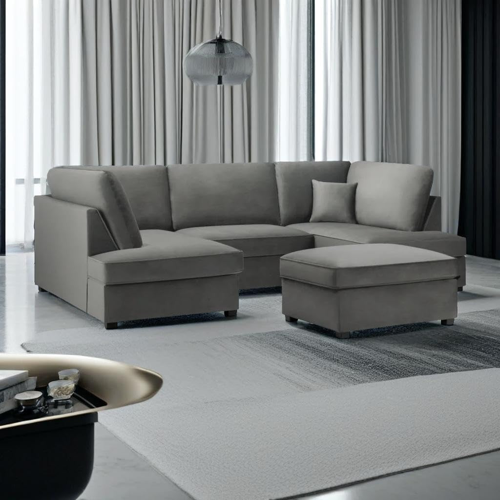 4PC U Shape Sofa with Footstool – Grey Plush  Sectional – 5/6 Seater Modular.
