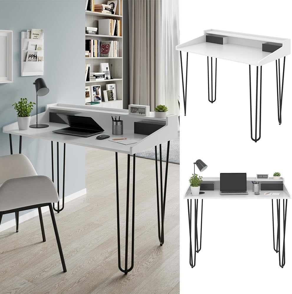 White & Black Office Desk w/Drawers, 110 x 60cm Modern Study Table