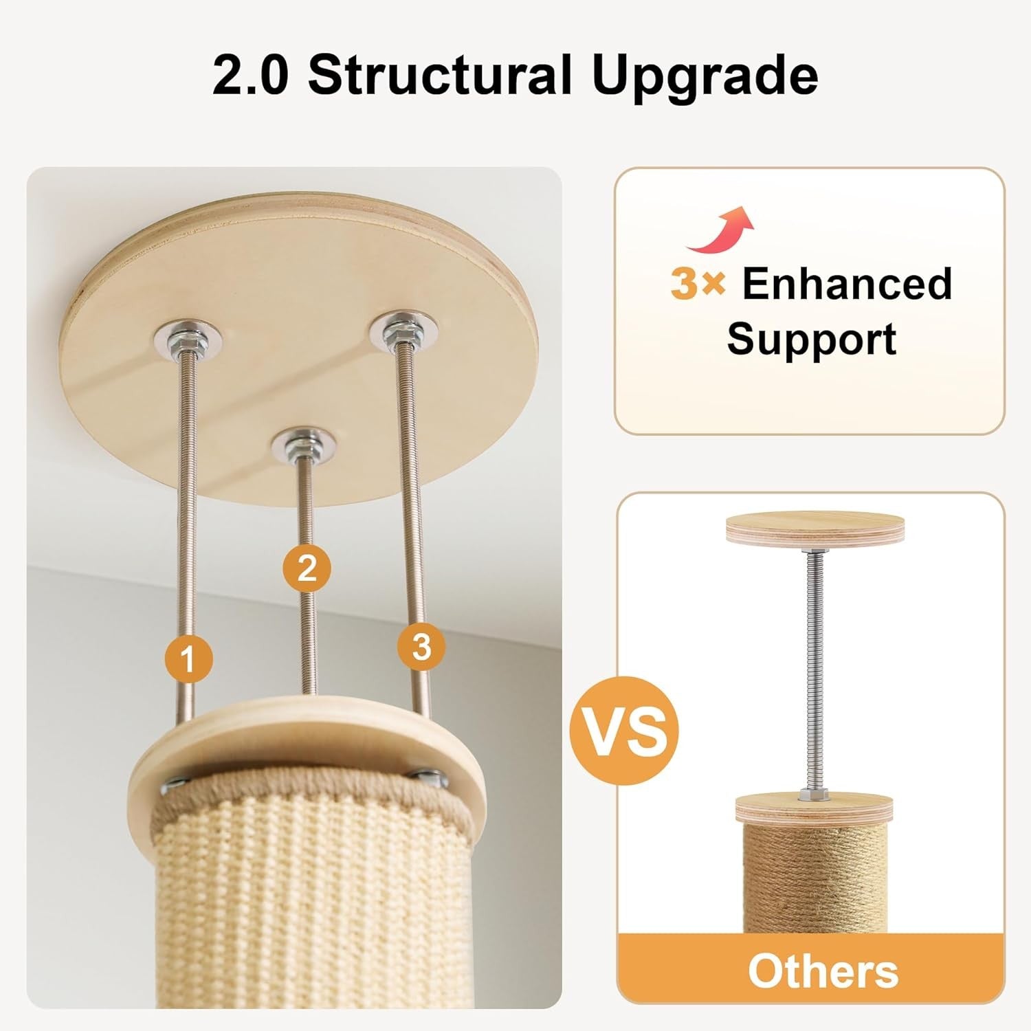 Natural Wood Floor to Ceiling Cat Tree Adjustable Height Scratching Tower