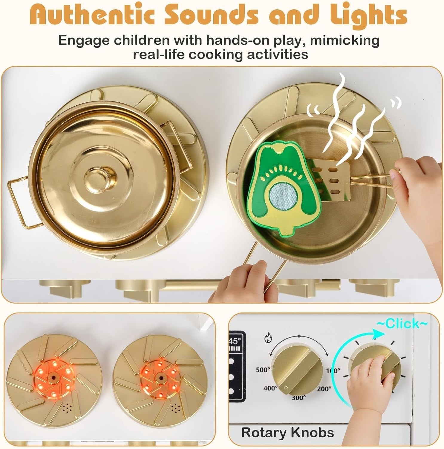 Kids Wooden Play Kitchen Lights Sounds Ice Maker Coffee Station
