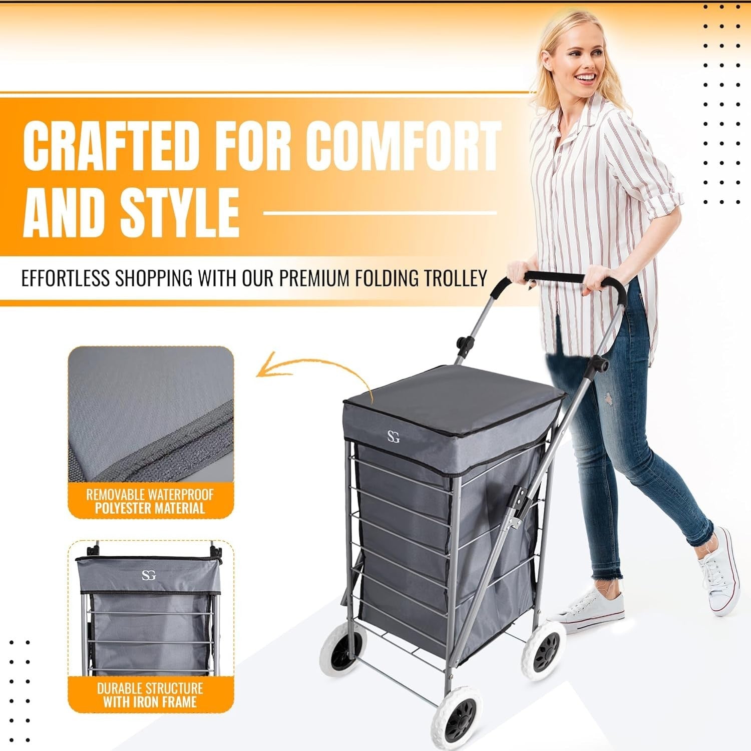 Foldable 4-Wheel Shopping Trolley Cart with Removable Bag - Heavy Duty Grey