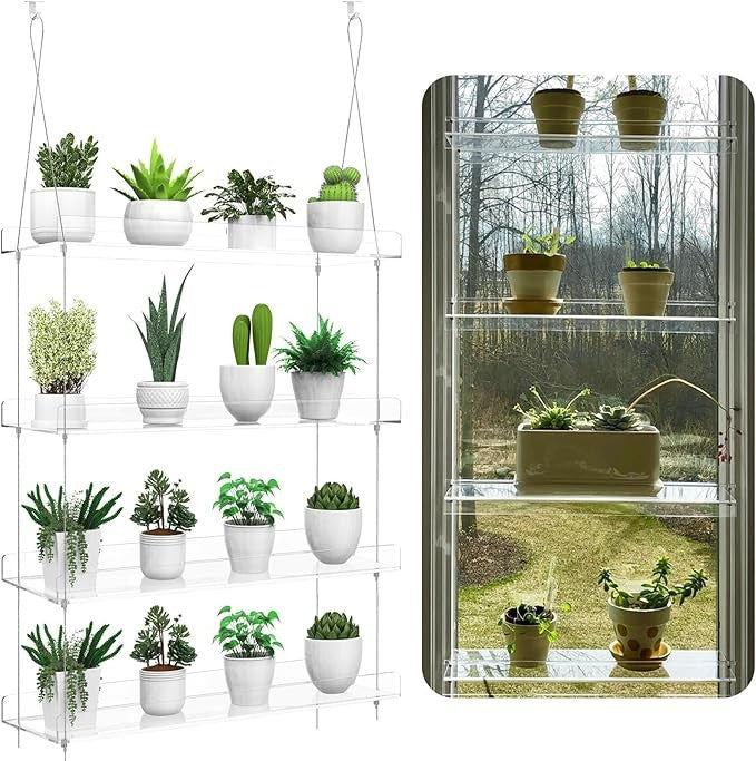 4 Tier Hanging Clear Acrylic Plant Shelf Window Display Rack for Indoor Garden