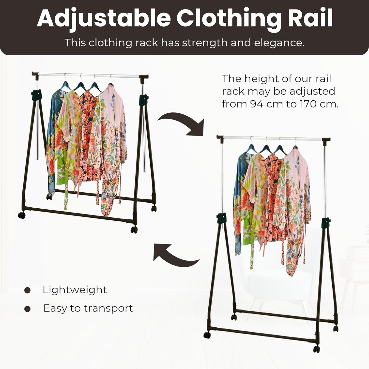 Adjustable Clothes Rail with Wheels – Chrome/Black