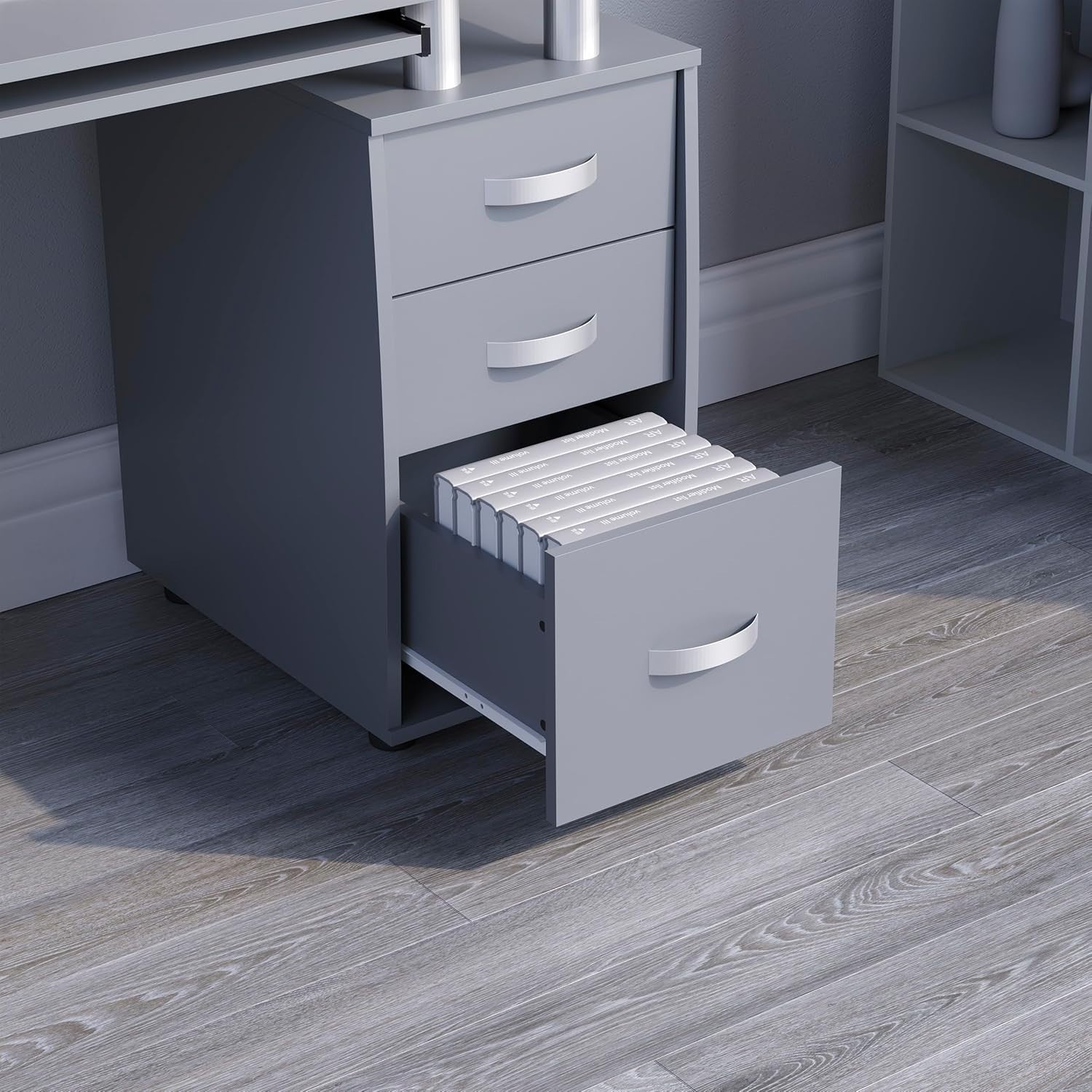 Grey 3 Drawer Computer Desk w/Shelves & Keyboard Tray, 120cm Workstation