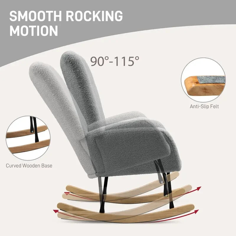 Grey Teddy Rocking Chair Armchair with Wood Base for Lounge Bedroom