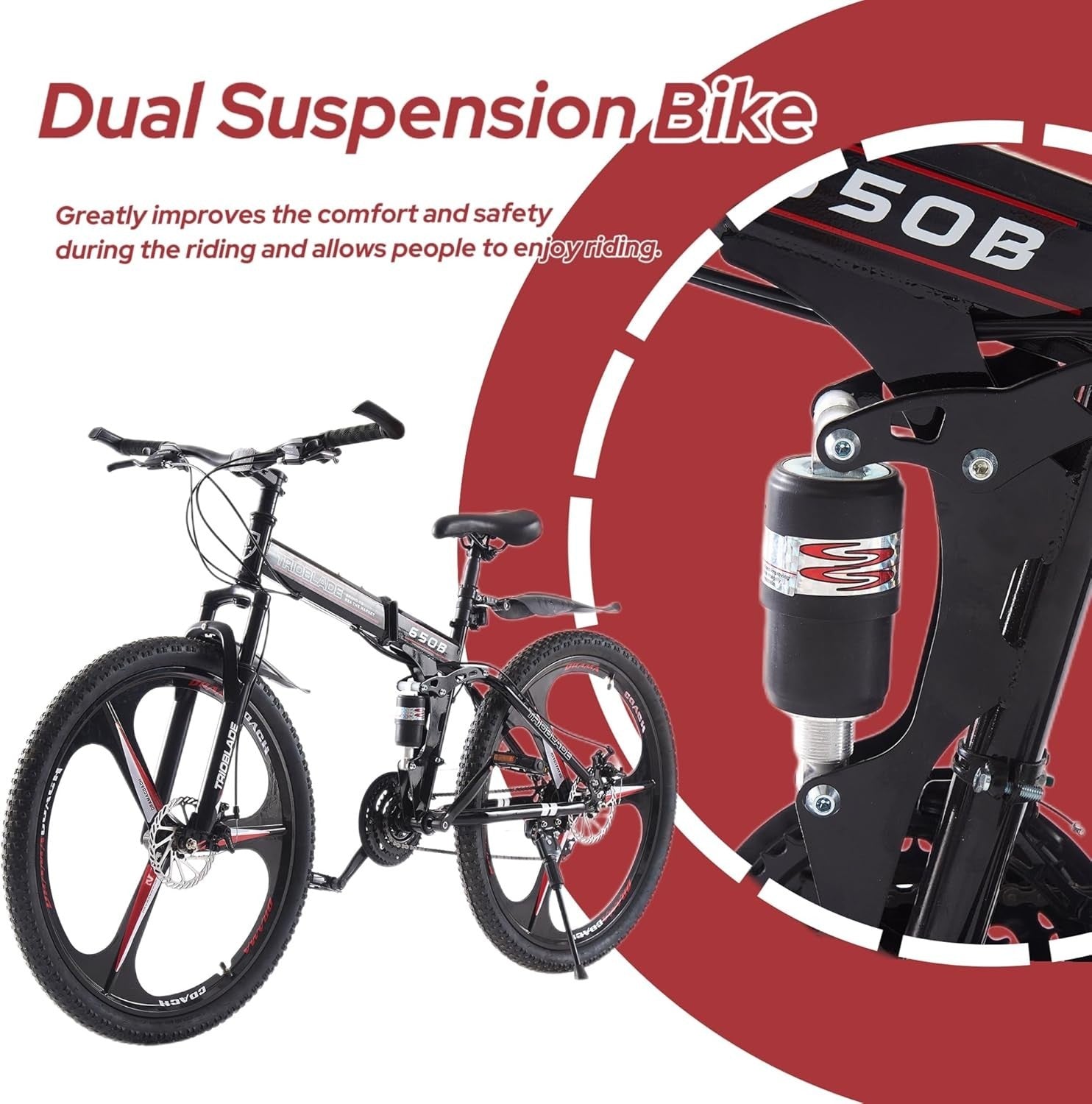 Foldable 26” BlackRed Mountain Bike Dual Suspension 21 Speed Lightweight
