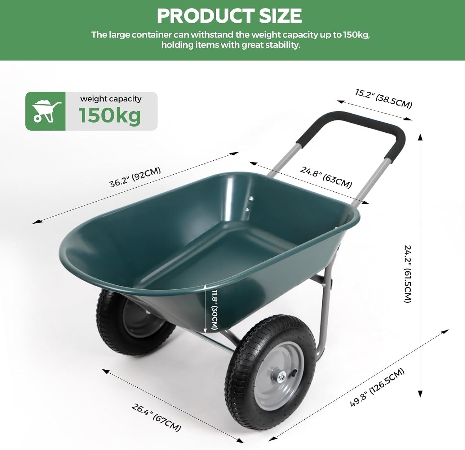 85L 2-Wheel Garden Trolley – Green Heavy Duty Cart w/ Pneumatic Tyres 150kg Load
