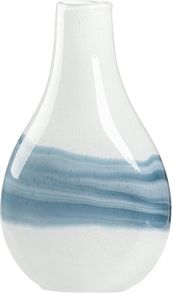 White Blue Hand Blown Glass Vase 36cm Coastal Modern Table Centerpiece