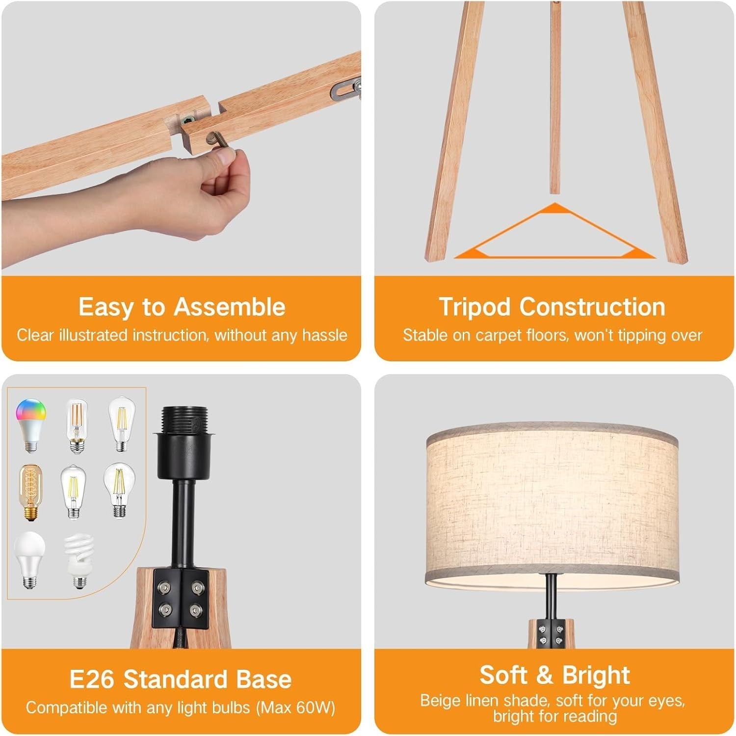 Wood Tripod Floor Lamp with Adjustable Light & Built-in Shelf, 150 cm
