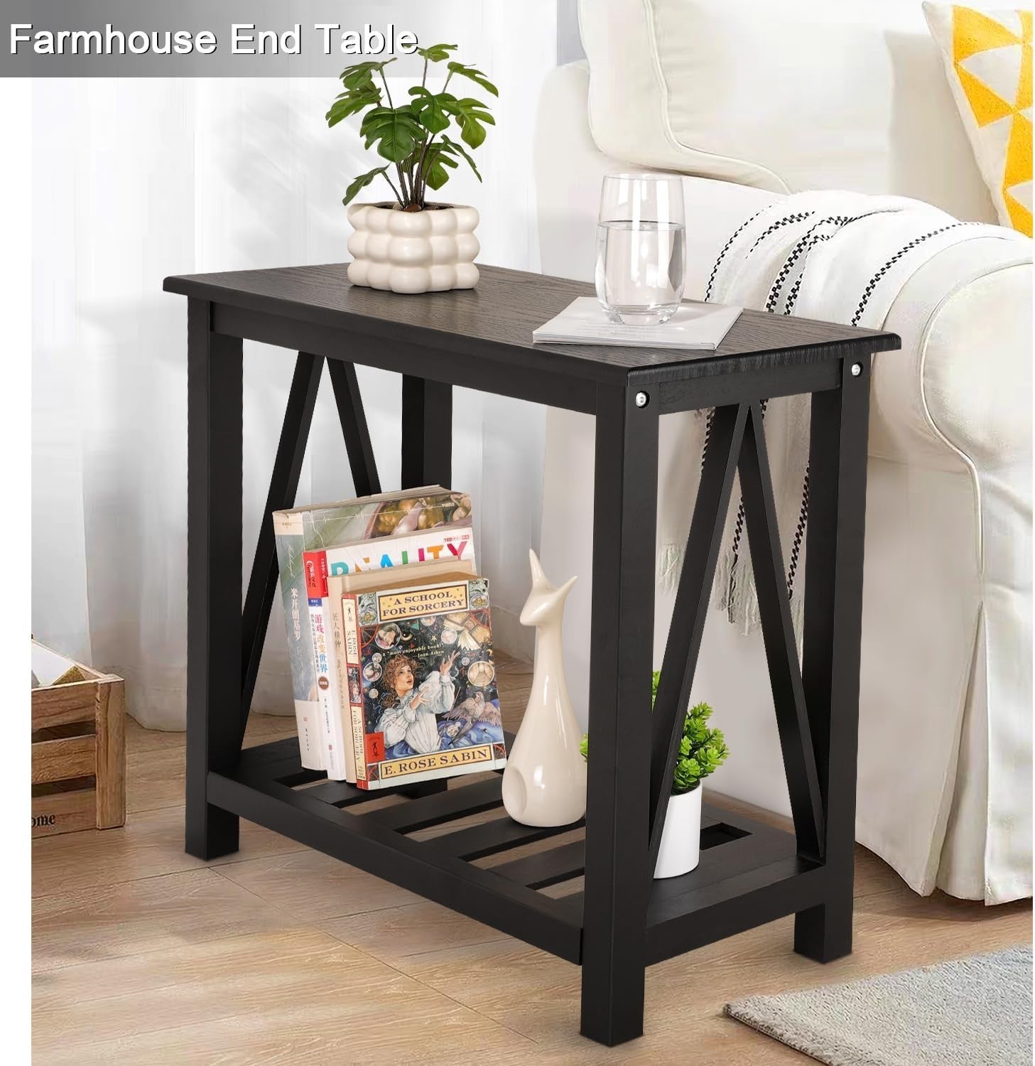 Narrow Black Wood Side Table with Storage Shelf, Modern Nightstand
