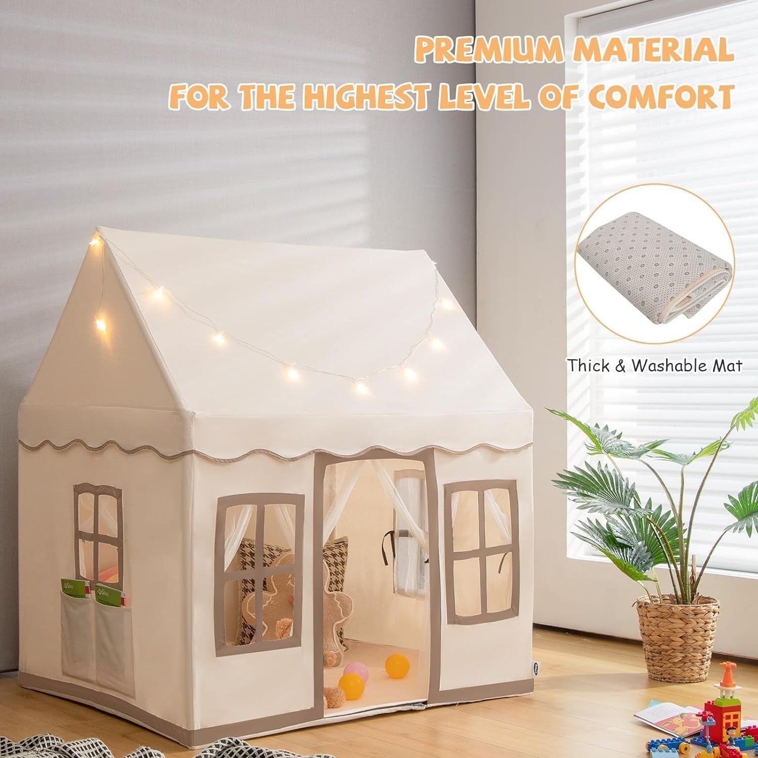 Beige Kids Castle Playhouse Tent Indoor Outdoor Anti Trip Mat Lights