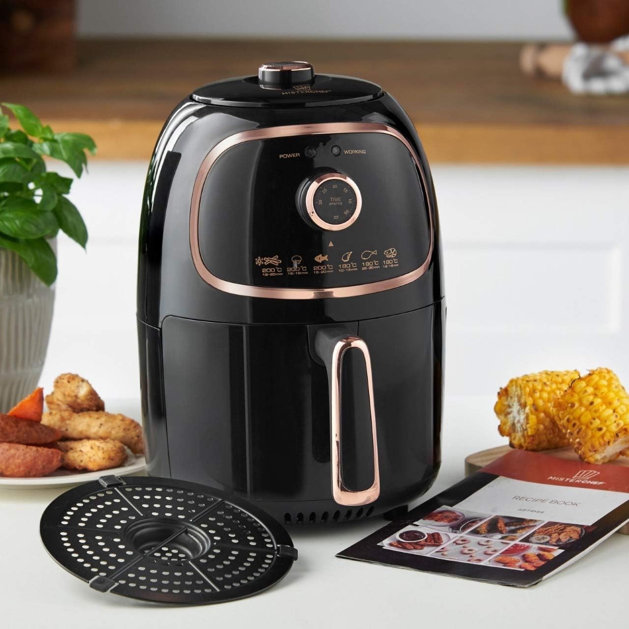 Compact Air Fryer 2L 1000W Oil Free 80-200C Temp Control 30min Timer