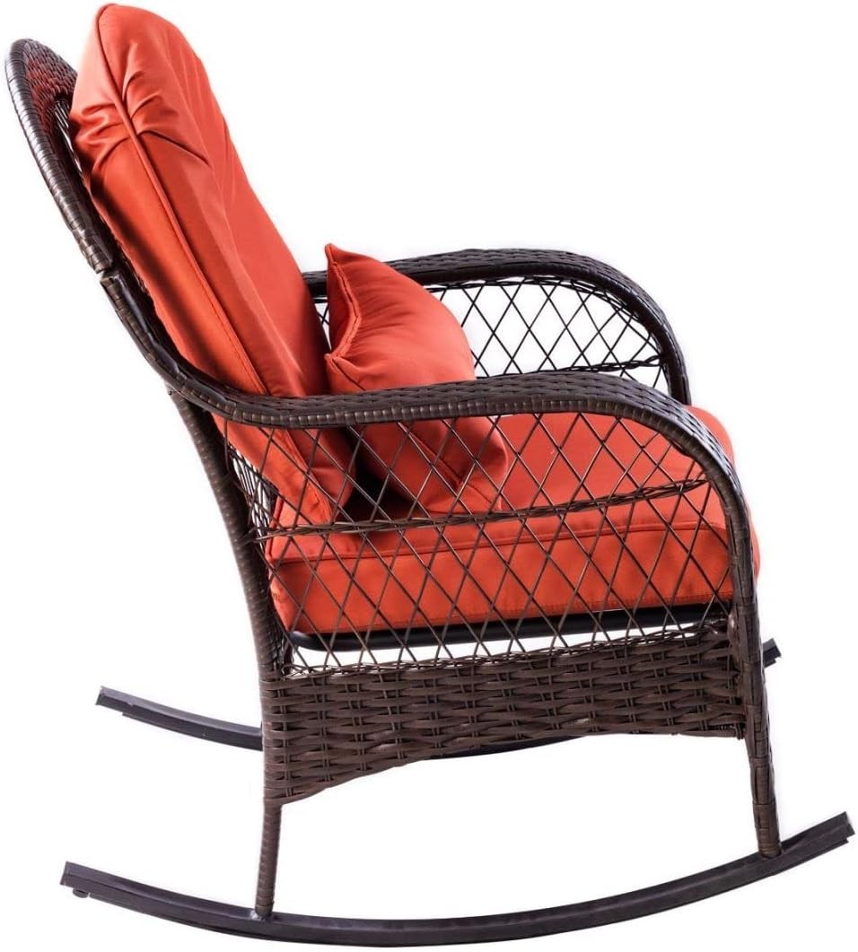 Red Rattan Rocking Chair Cushioned Patio Garden Porch Outdoor Relax Armchair