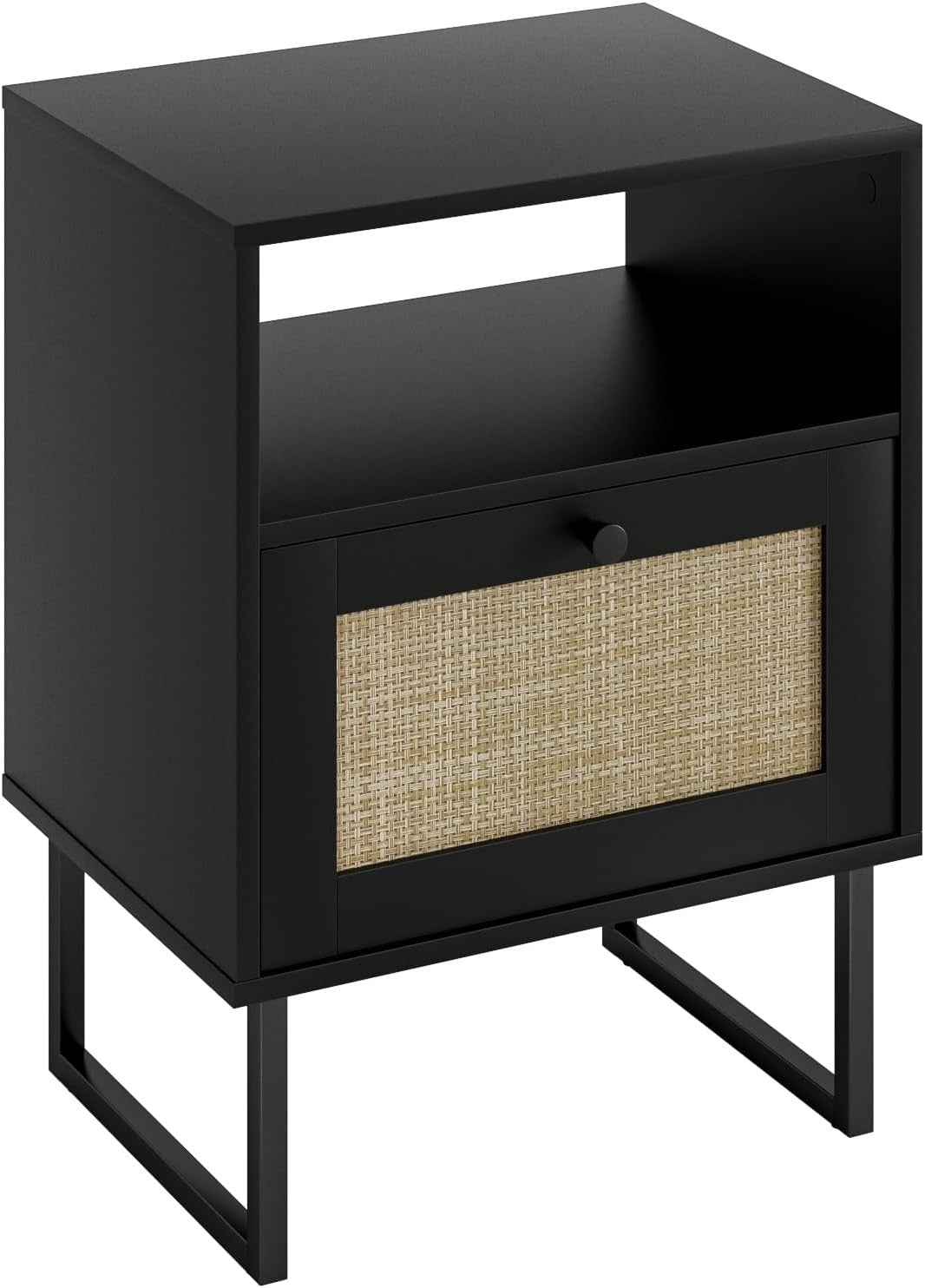 Modern Black Rattan Bedside Table with Drawer & Shelf Metal Frame Nightstand